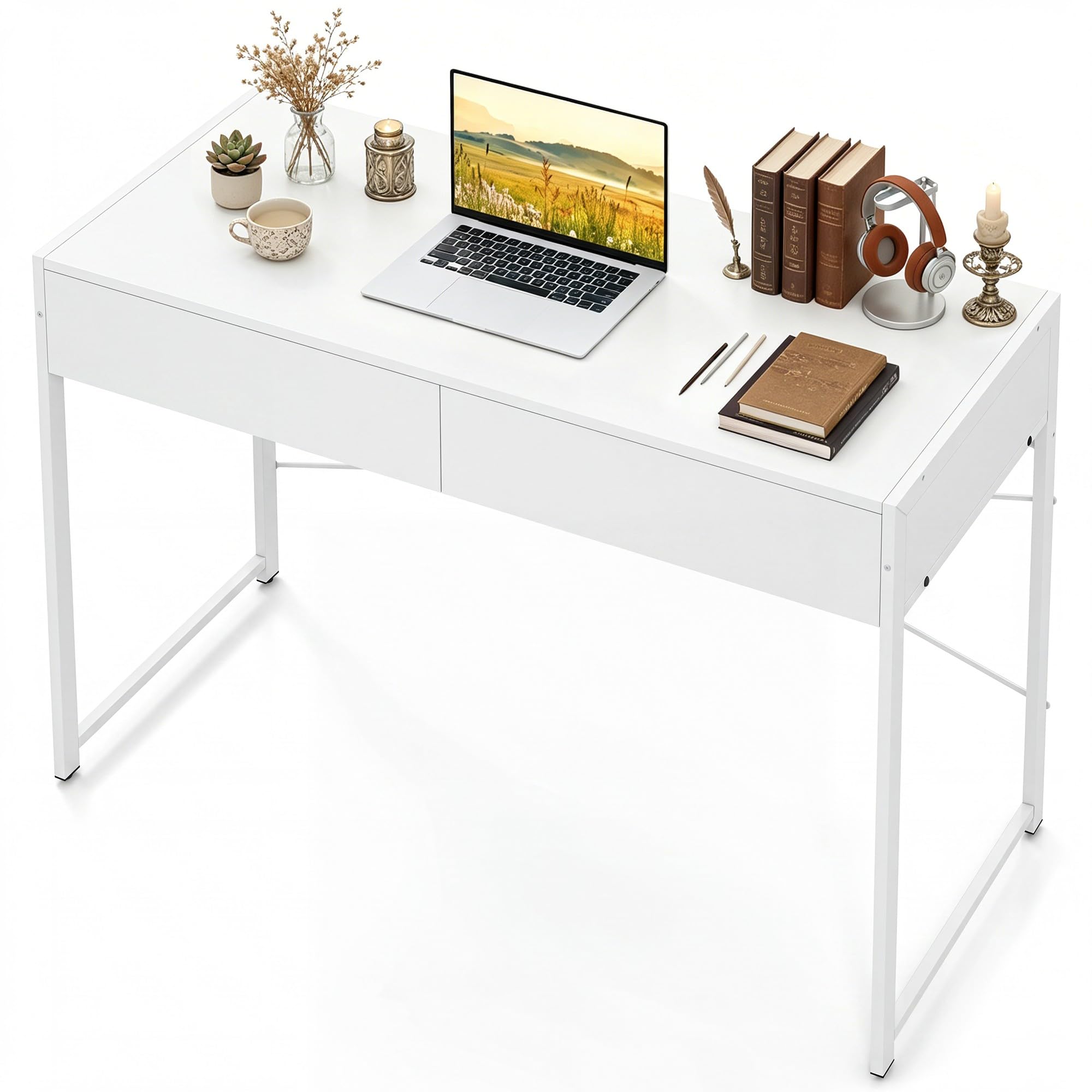 KOMFOTTEU Escritorio con 2 Cajones, Mesa Escritorio Ordenador con Marco Metálico, Mesa de Trabajo Moderna para Oficina, Dormitorio, Estudio, Despacho, 111 x 48 x 76 cm (Blanco)
