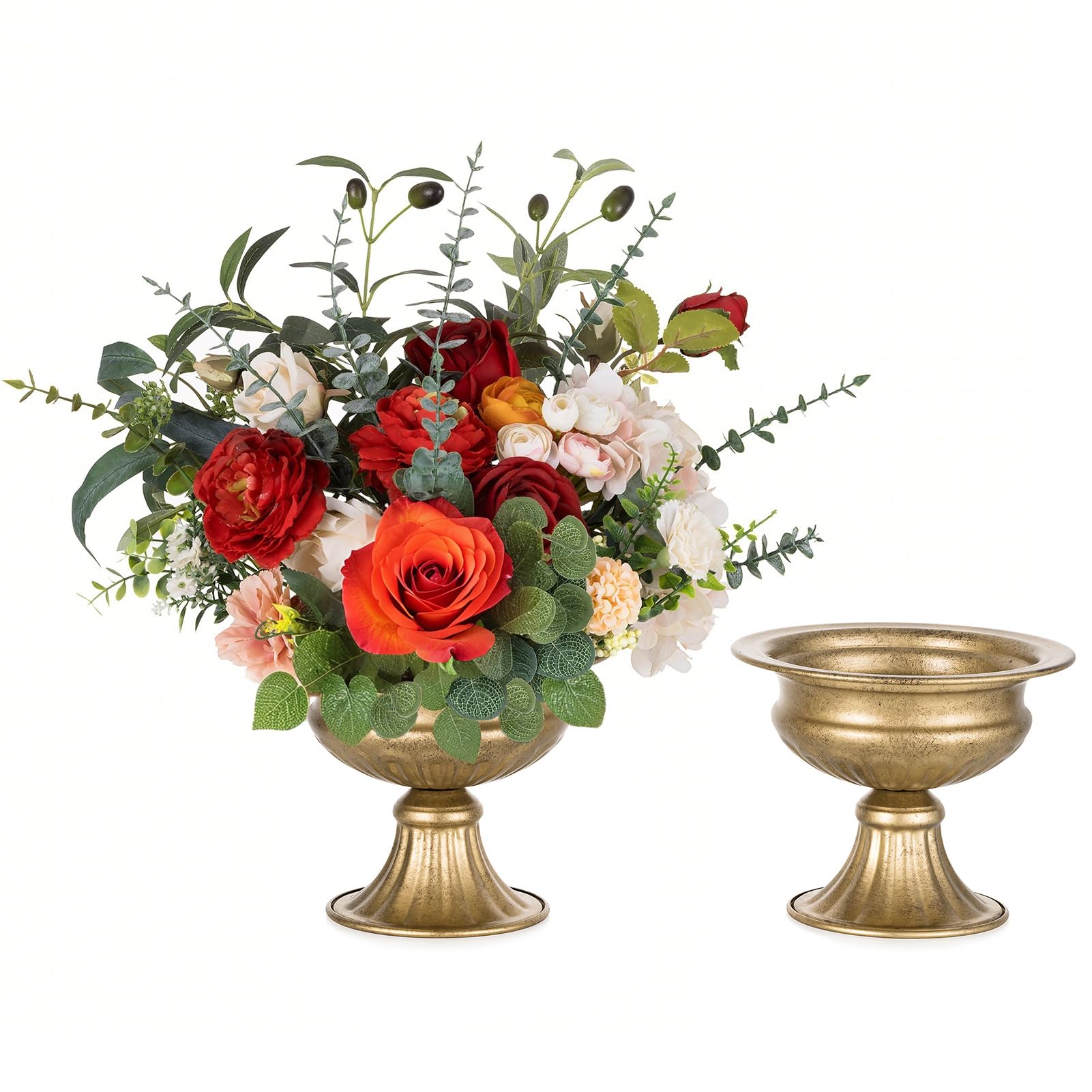 NUPTIO Distressed Gold Vases for Centerpieces: 2 Pcs Small Compote Vases for Flowers - Metal Pedestal Bowl Decor for Wedding Table Home