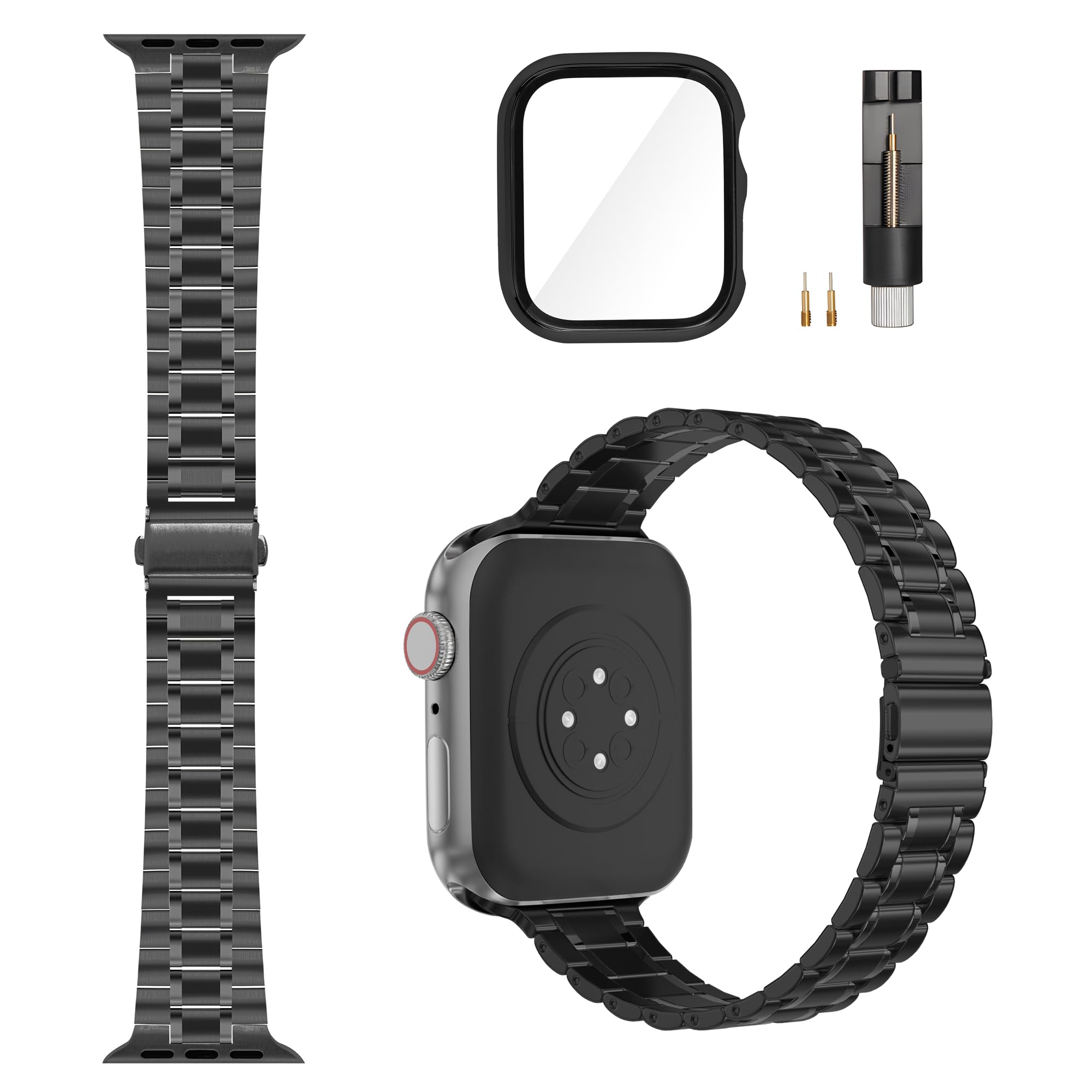 Burloreme Solid Stainless Steel Band Compatible with Apple Watch 38mm 40mm 41mm 42mm 44mm 45mm, Bands with Screen Protector for iWatch Series 9/8/7/6/5/4/3/2/1/SE Women and Men