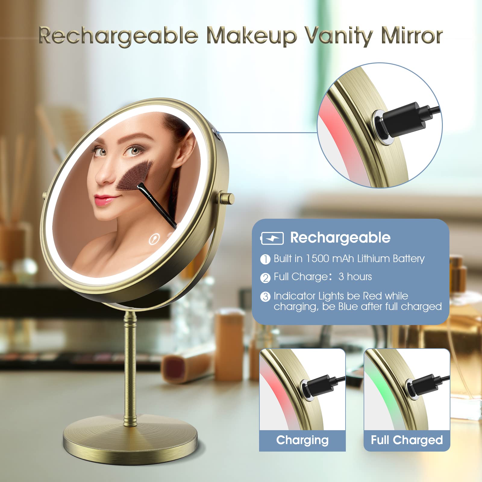 zelaxy Makeup Mirror with Lights 8 Inch, Vanity Mirror Rechargeable Double Sided 1X 10X Magnifying - Image 2