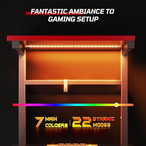 Miniatura 5 de Bestier Gaming Desk with Power Outlets, 61 Inch Large Led Gamer Desk with 4 Tiers Reversible Shelves, PC Gaming Table with Headset Hook & Side Fibra