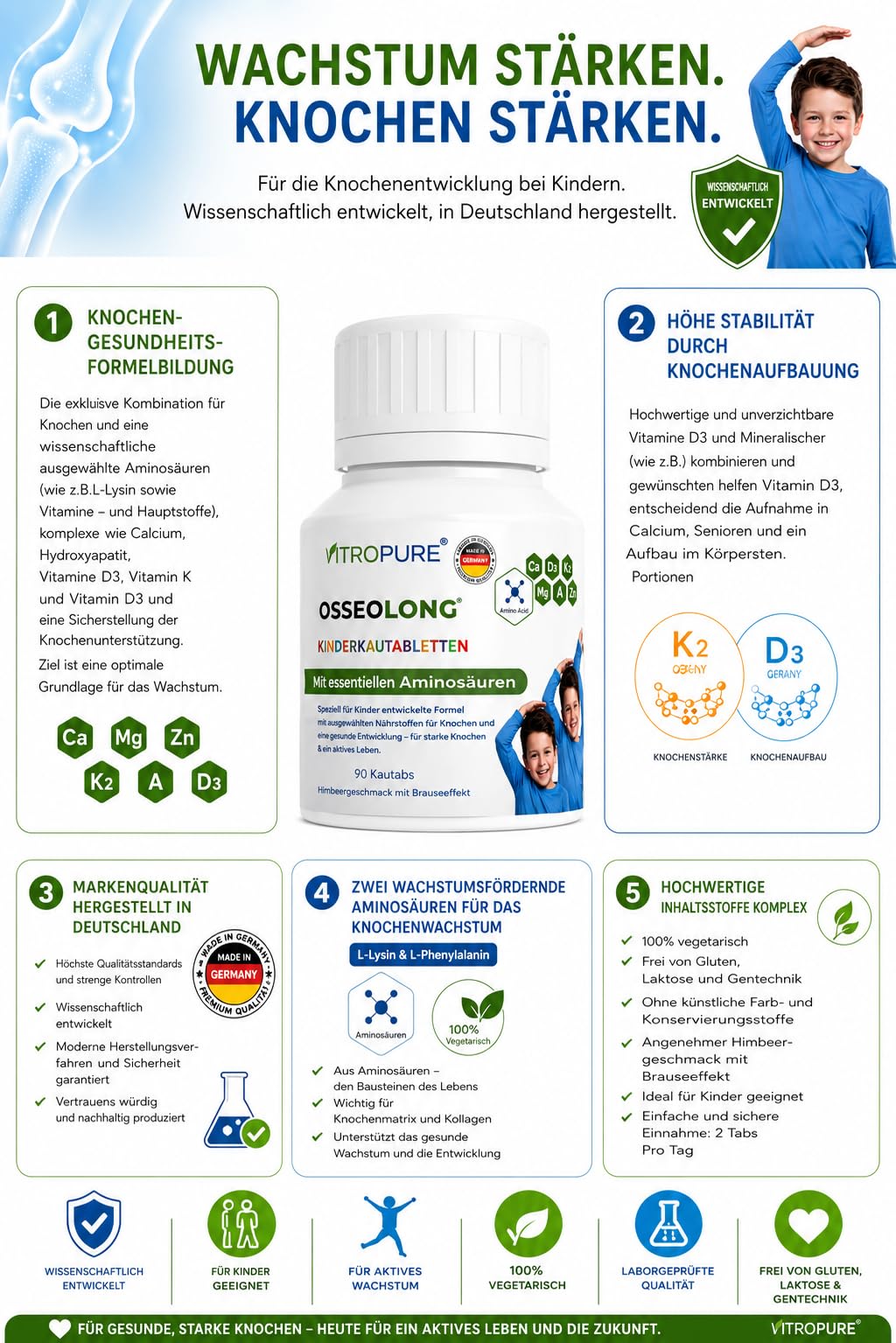 Comprimés à croquer OsseoLong® : Combinaison unique : Acides Aminés à Chaîne Ramifiée (BCAA), Calcium, Vitamine D3, Zinc et Magnésium pour le développement osseux.