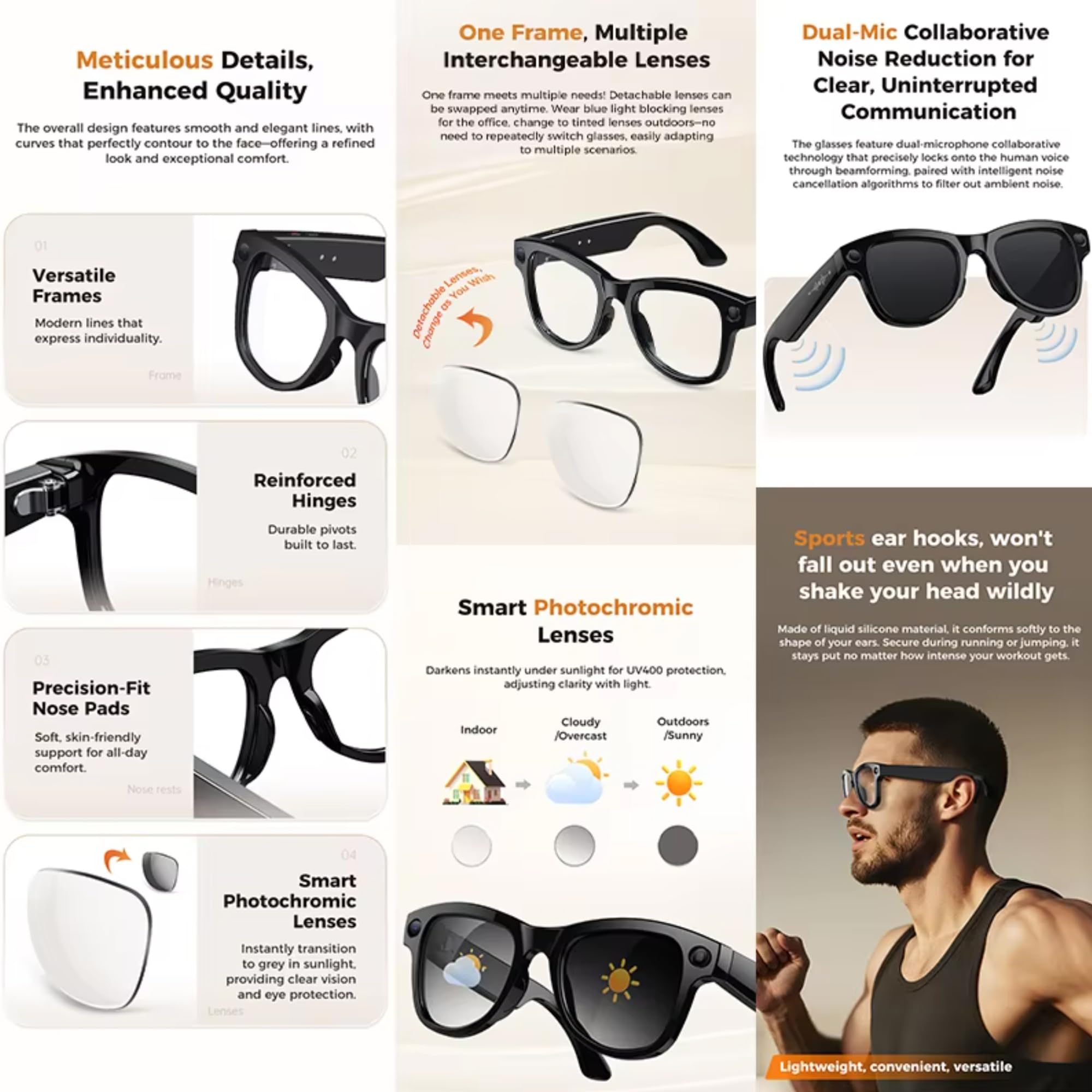 AI Smart Glasses - 4K/8MP Anti-Shake Cam, Bluetooth Chiamate, Registrazione video, Traduzione in tempo reale/Riconoscimento GPT, 290mAh, 3000mAh Custodia di ricarica (include lenti trasparenti