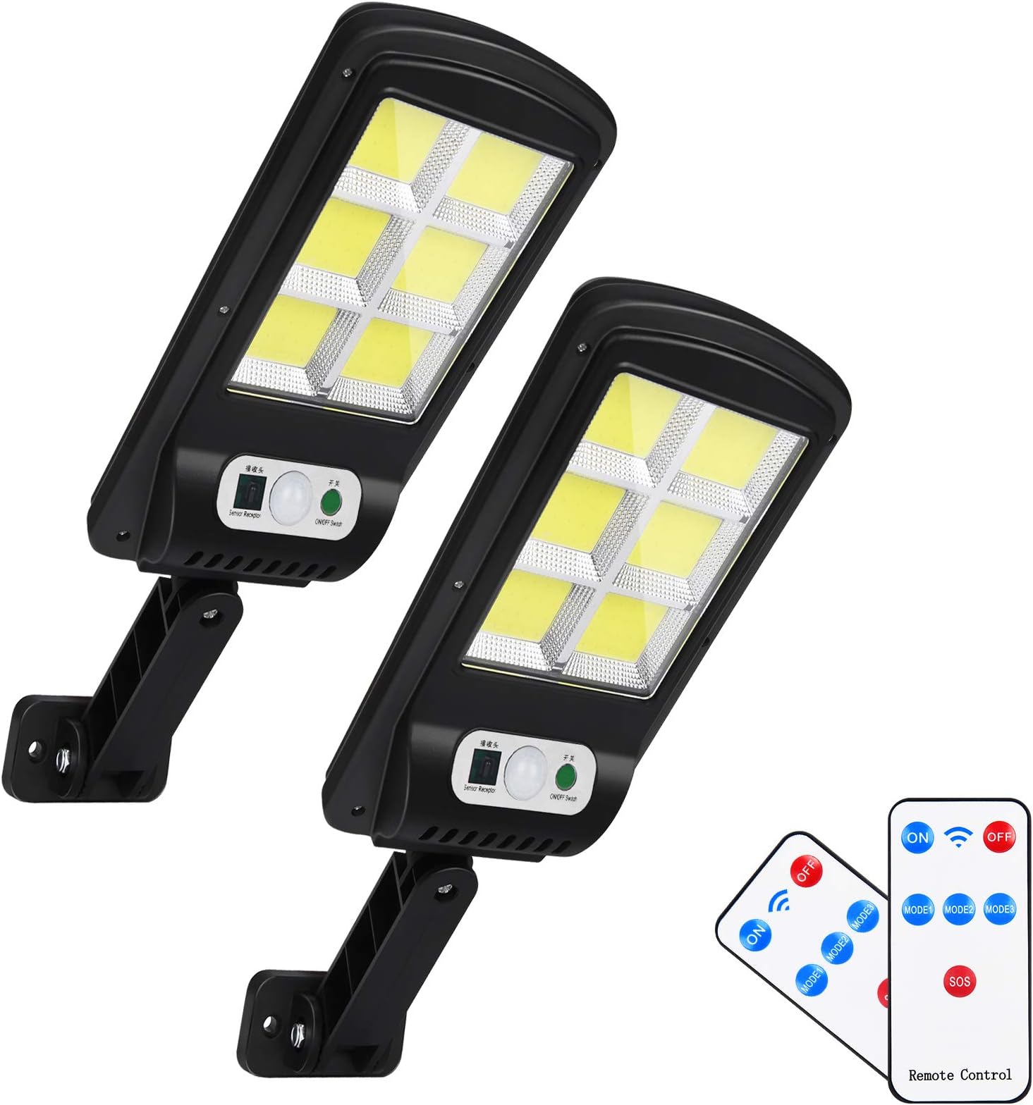 Led Solar Street Lights Outdoor, 2 Pack 120 Led Remote Control Solar Parking Lot Lights Wireless Ip65 Motion Sensor Solar Security Wall Light with 3 Modes for Garden, Street, Deck, Yard, Garage, Patio