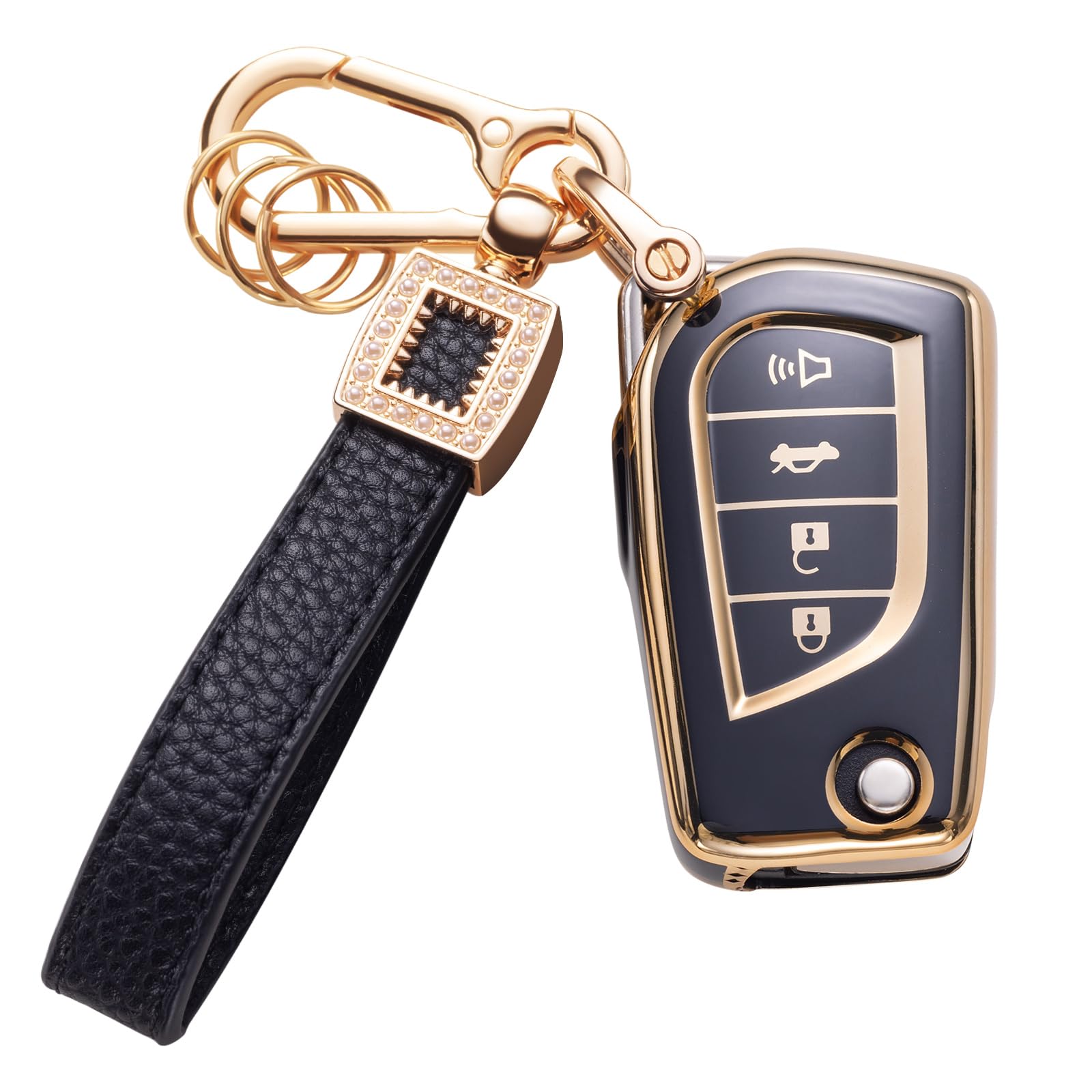 for Toyota Key Fob Cover with Leather Lanyard, Car Key Fob Case Compatible with tuner Tundra Camry RAV4 Highlander Corolla Smart Key Protector Holder