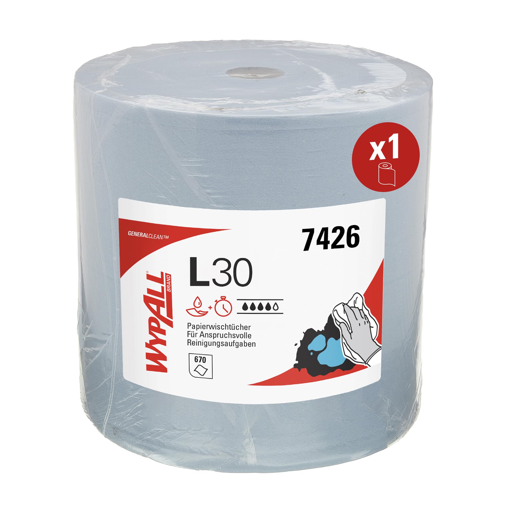 WypAll L30 Papiertücher für industrielle Reinigung 7426, Jumbo Rolle, hohe Saugfähigkeit, extra breit, 3-lagig, 1 Rolle x 670 blaue Tücher (Gesamt 670 Stück)