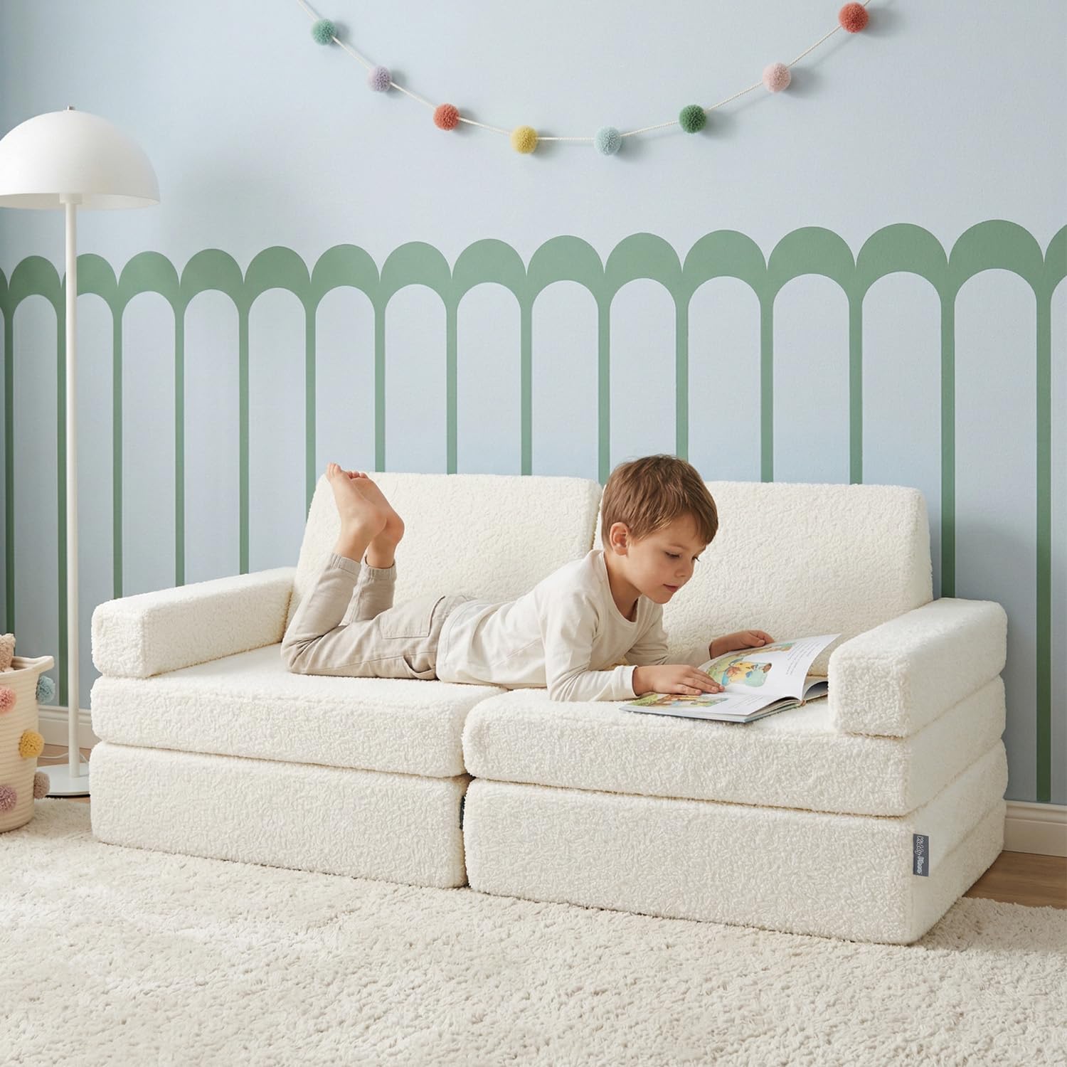 KiddyMoon Canapé Enfant en Mousse Et Housse Teddy, Modulaire Et Pliable, pour Jouer, Lire Et Se Détendre, Crème