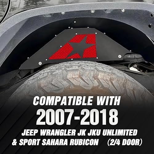 Miniatura 2 de Forros de guardabarros interiores traseros para Wrangler JK compatibles con Jeep Wrangler JK y JKU 2007-2018 24 puertas, logotipo de estrella roja