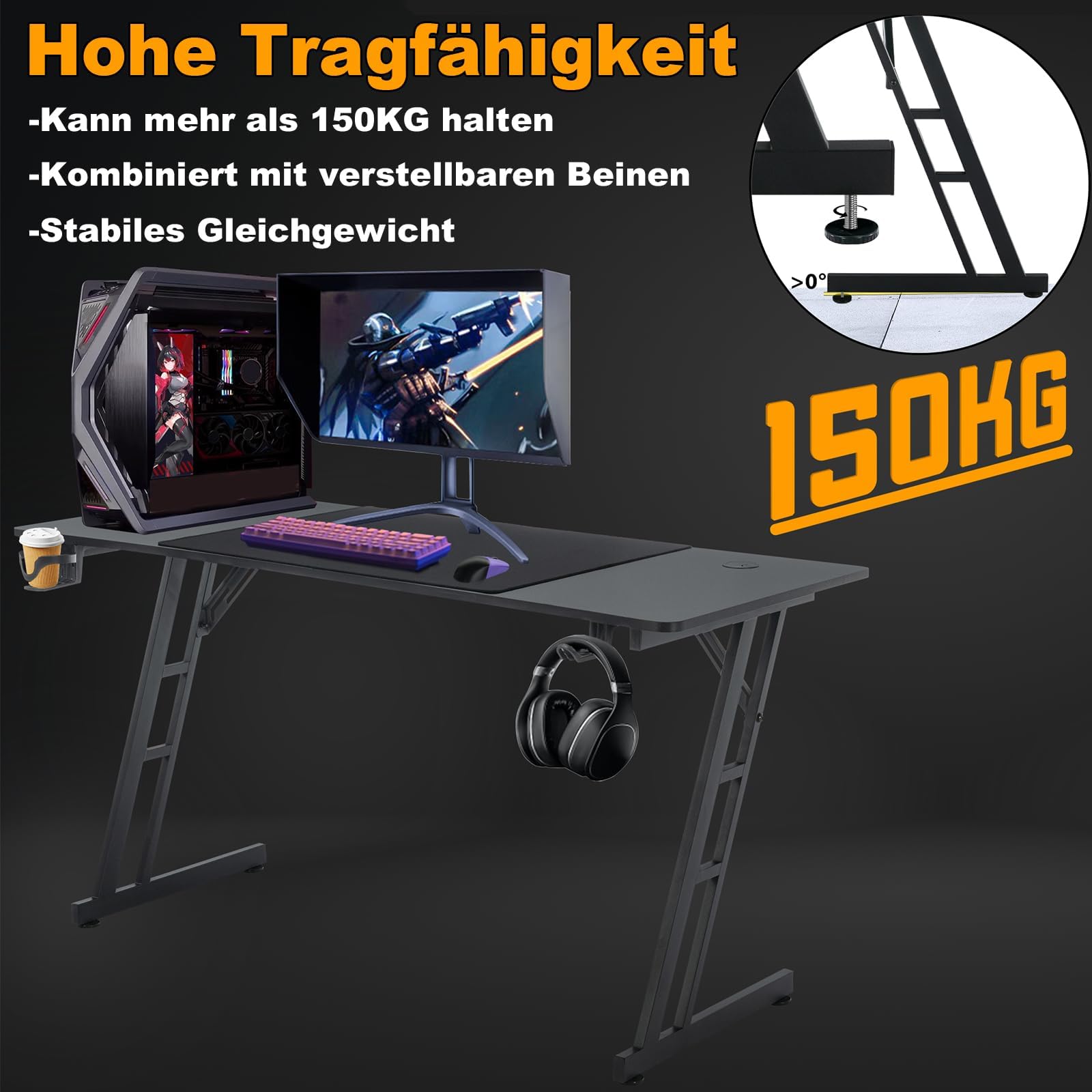 UISEBRT Mesa de gaming, mesa de ordenador para videojuegos con superficie de fibra de carbono, mesa ergonómica de hasta 150 kg, para dormitorio o oficina, 140 x 60 x 74 cm