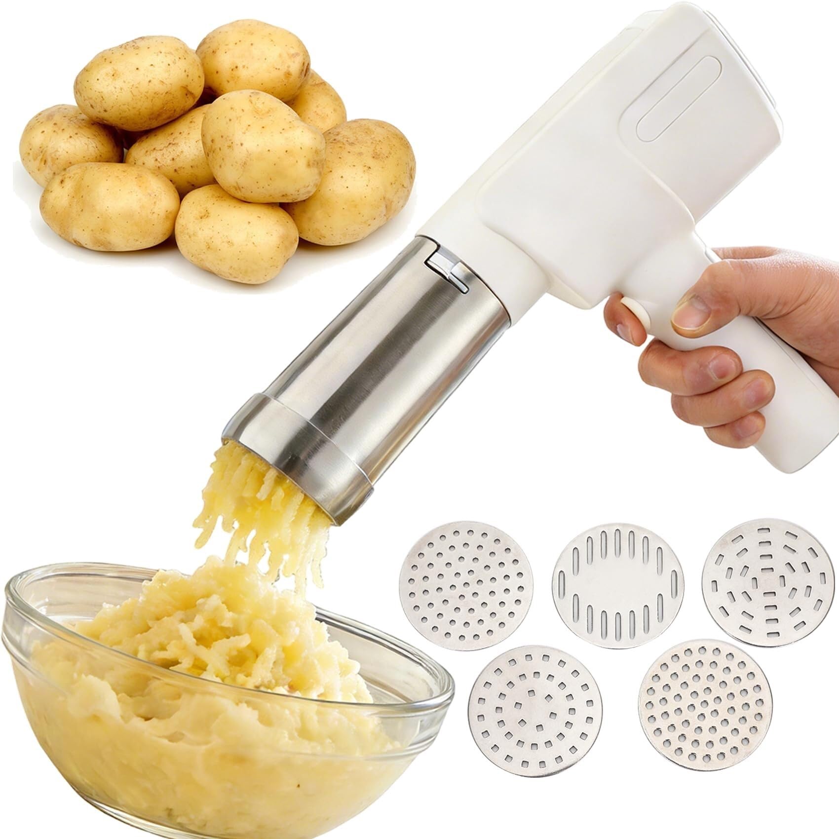 Elektrischer Kartoffelstampfer & Presse, 5-in-1 Handheld mit 5 Scheiben, 5s 198.4 g cremiger Stampfer, Lebensmittelqualität 304 Edelstahl, spülmaschinenfest, ideal für Thanksgiving & hausgemachtes
