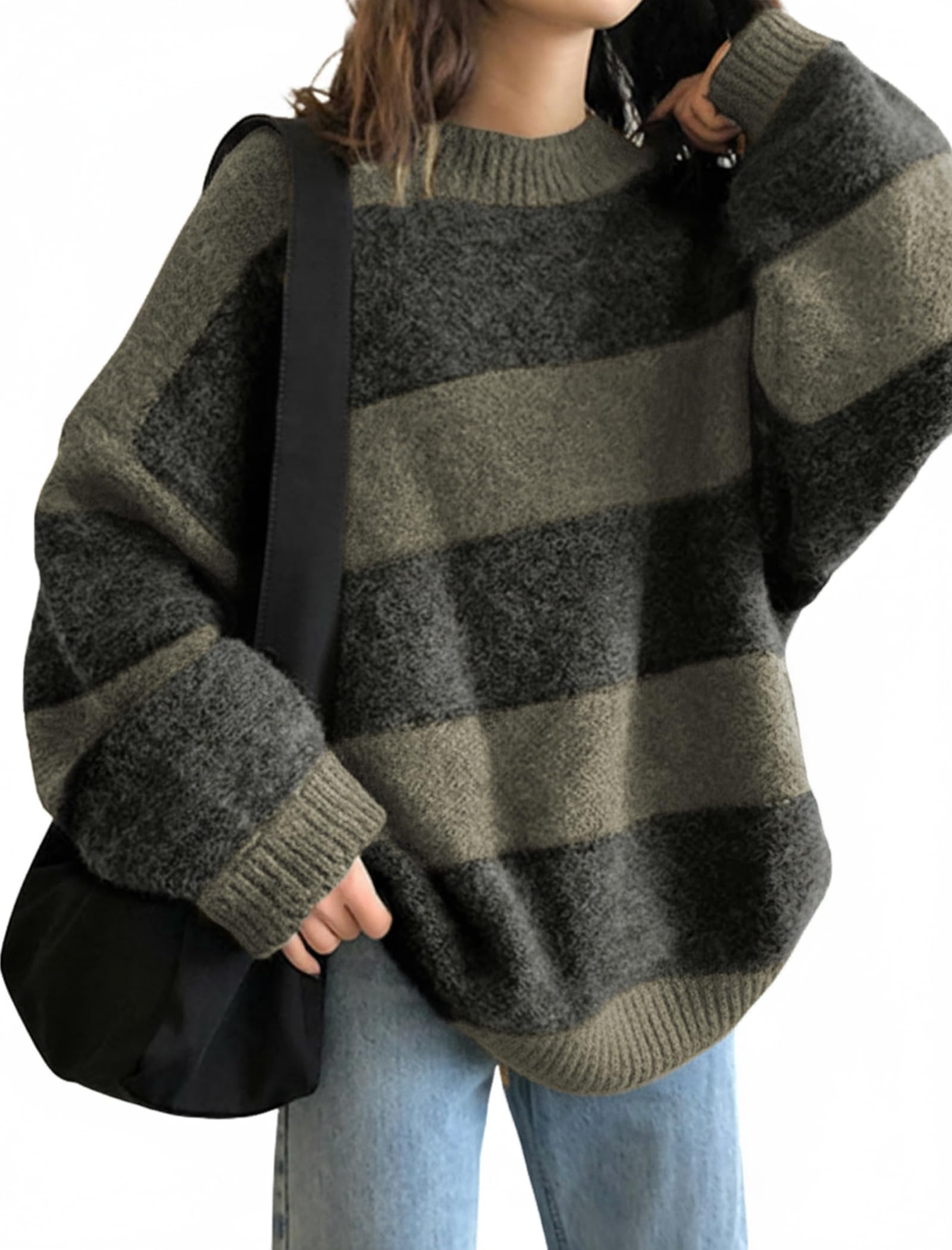 EMMIOL Womens Oversized Striped Sweaters 2025 Fall Trendy Long Sleeve Knit Outfits Crewneck Fashion Pullover Tops