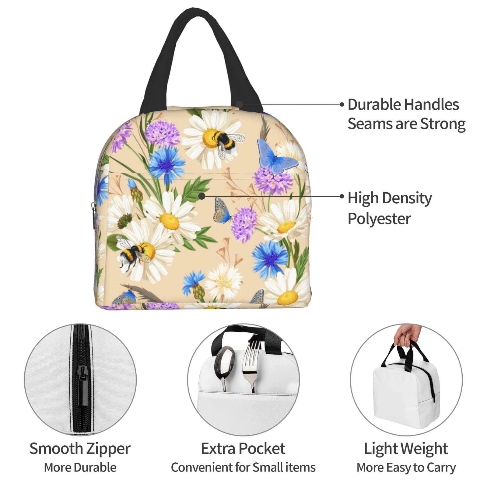 Margherita e fiori isolati Borsa per il pranzo a prova di perdite per adulti Borsa per il pranzo per le donne Uomini Scatole per il pranzo Borse da picnic Borsa per il