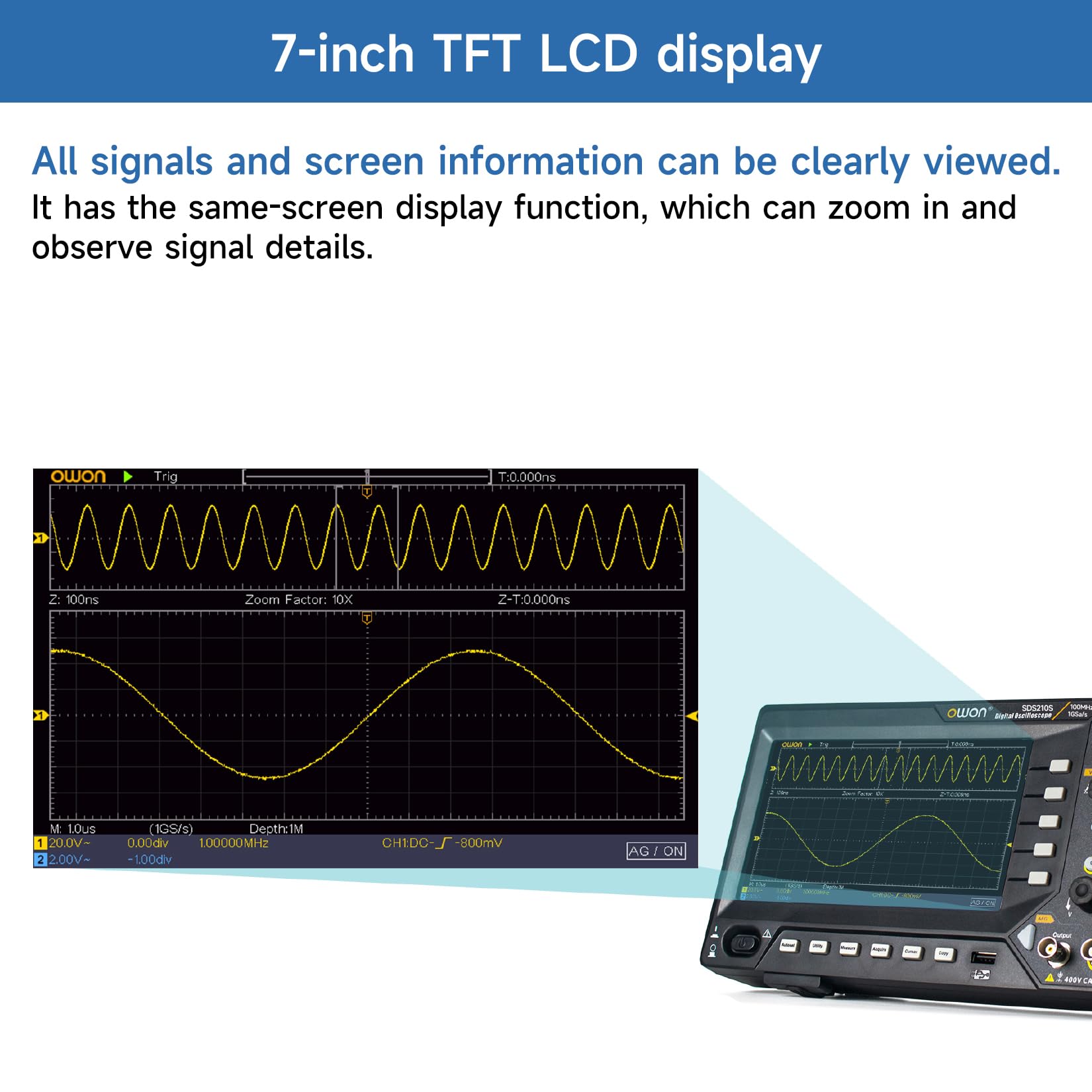 Owon SDS210S 25MHz Arbitrary Waveform Generator 100Mhz, 2CH 1GS/s, 20M Dual-Channel Digital Oszilloskop