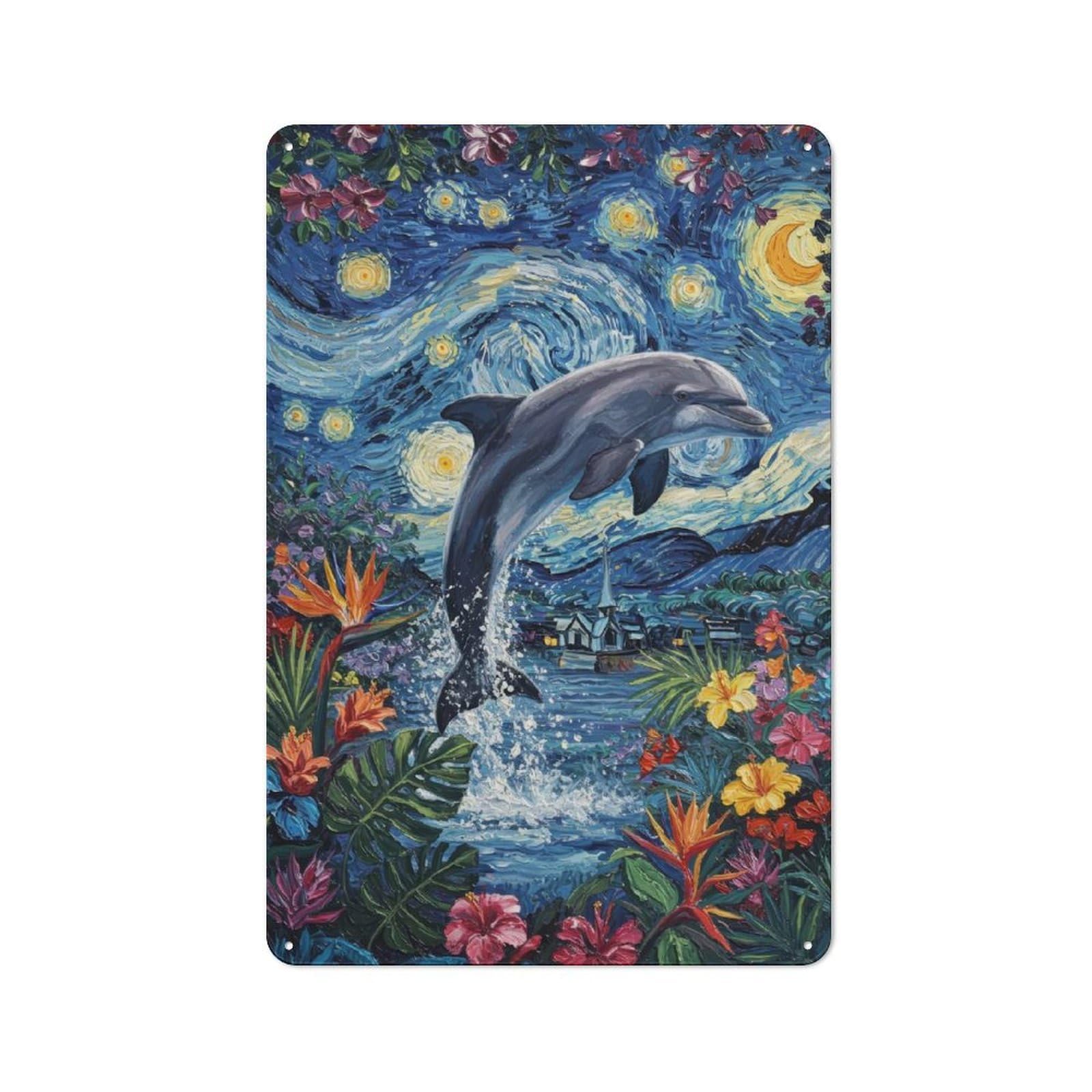 Junmoney Dolphin In Starry Night Floral Scene Industrial-Style Tin Sign 30X20cm For Café Or Home Bar, For Cooler-Month Interiors With Industrial Character