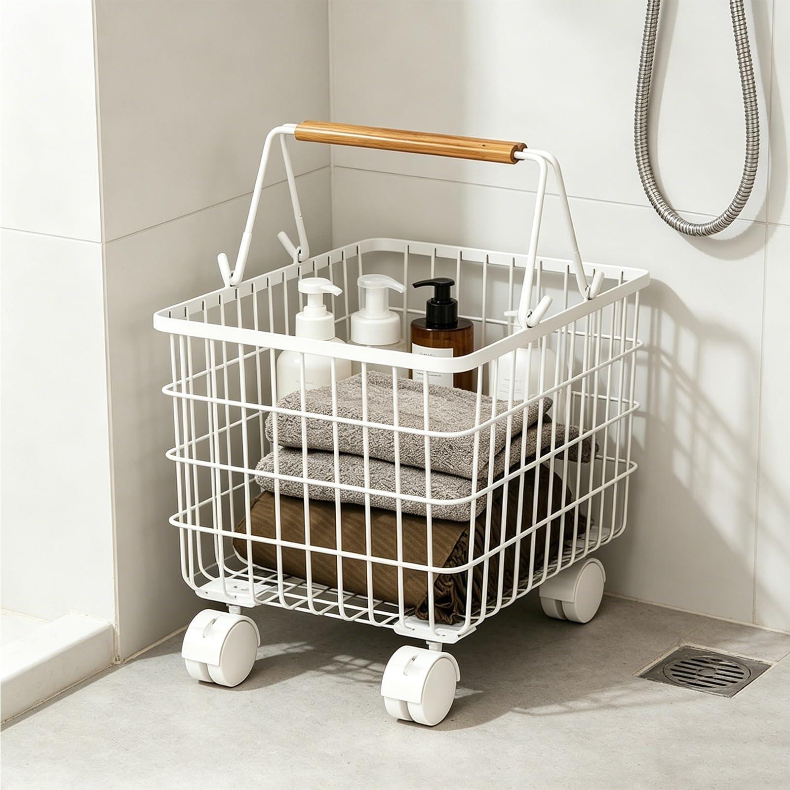 Folding Laundry Basket Household Storage Rolling Cart,Metal Hamper with Wheels Handle,Multifunctional Clothes Hamper Organizer
