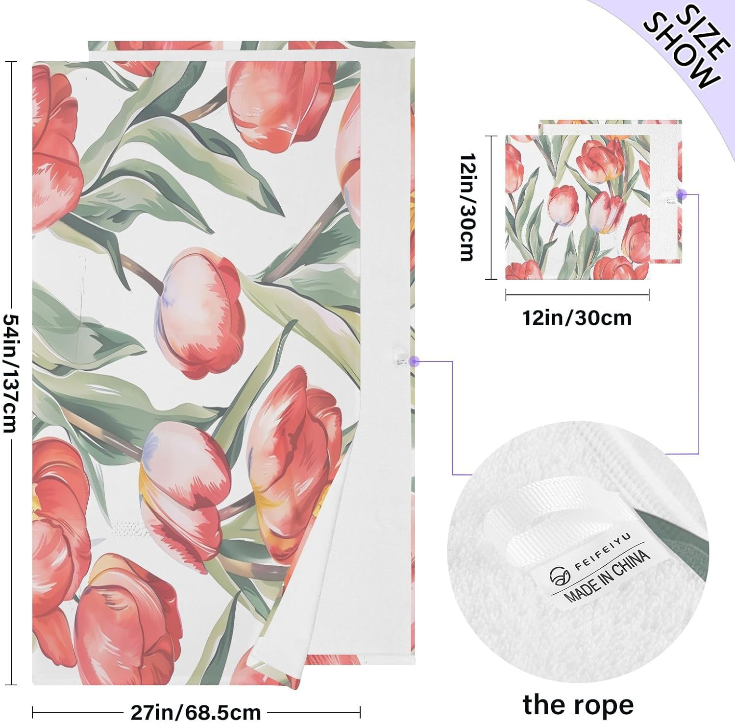 Hand Towels Premium Soft and Highly Absorbent Tulips Painting 2 Pcs Towels for Bathroom Set 100% Cotton Decorative Face Towels