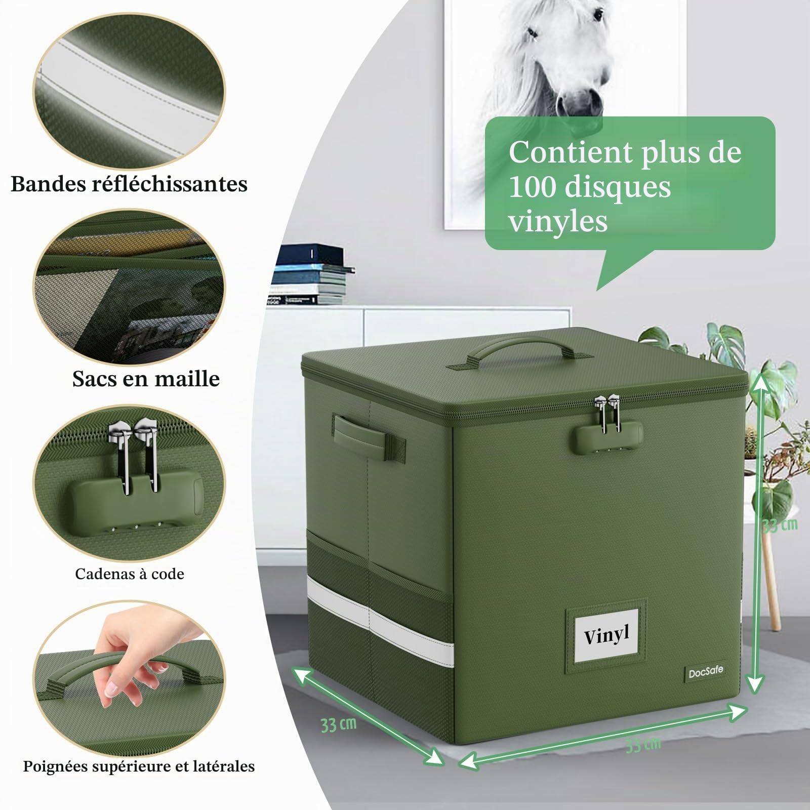 DocSafe Mallette de transport pour disques vinyles résistante au feu avec serrure, vert, 33 x 33 x 33cm, Moderne
