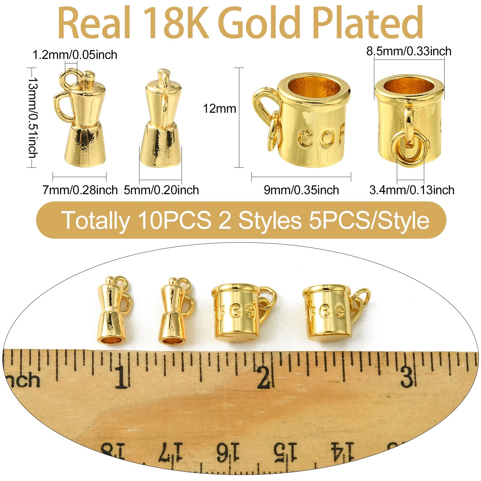 Stiesy 10Pcs 2 Styles 18K Real Gold Plated Coffee Cup Charms Brass Coffee Pot Pendant Charm for Jewellery Making DIY Bracelet Crafts - Image 2
