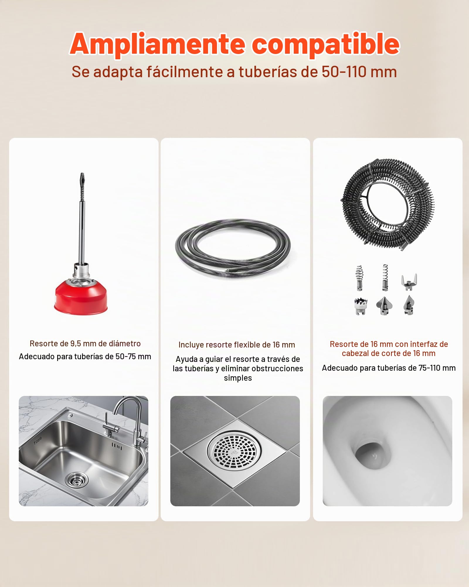 VEVOR Desatascador de Tuberías Eléctrico 390 W 1400 RPM con Cable de Resorte de 12 m x 16 mm, 4,5 m x 16 mm, 8 m x 9,5 mm y 6 Cabezales de Limpieza, Apto para Tuberías de 50 a 110 mm de Diámetro