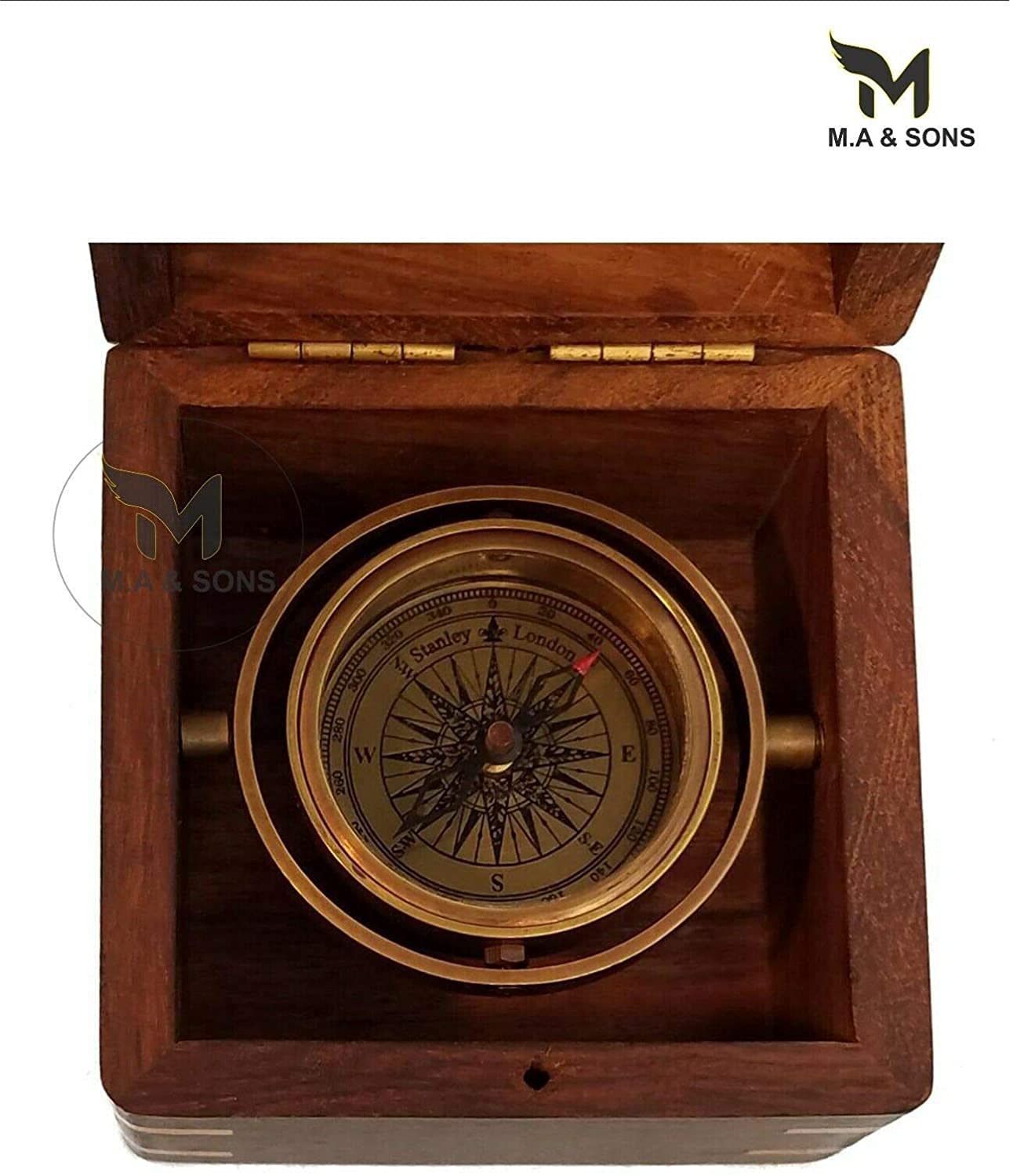 M.A & SONS Personalized Vintage Brass Marine Gimbal Compass Boxed Wood Ship Boat Compass 2