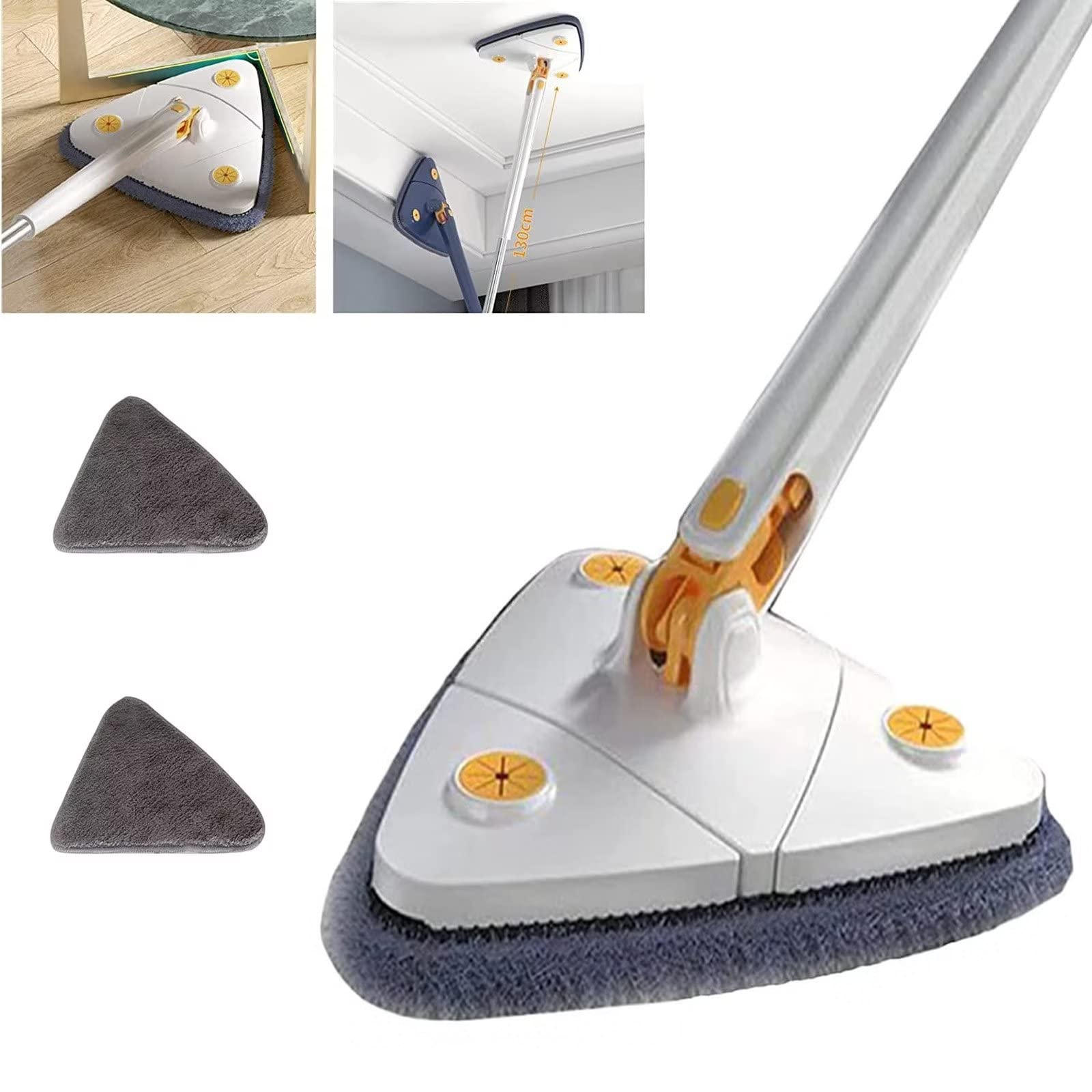 Trapeador triangular extensible de limpieza, giratorio de 360 grados, mopa húmeda y seca para limpieza de suelos, ventanas y paredes, incluye 2 paños de repuesto