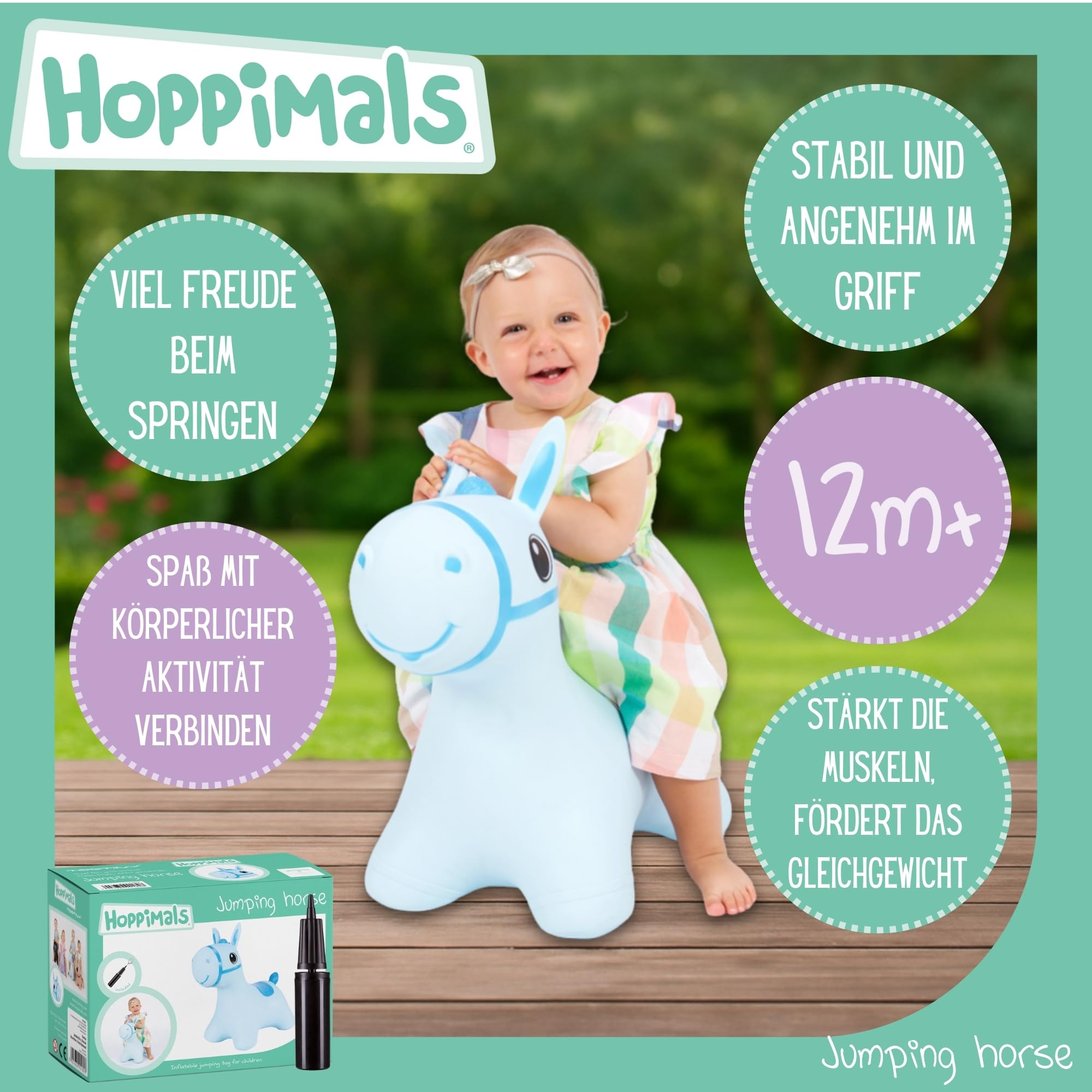 Tootiny Hüpftier, Hüpfpferd, Hüpftier ab 1 Jahre & Hüpftier ab 2 Jahre, Perfekt für Gymnastik & Geschicklichkeit für Kinder, Verpackt im Geschenkkarton, inklusive Pumpe - Baby-Hüpfer BLAU