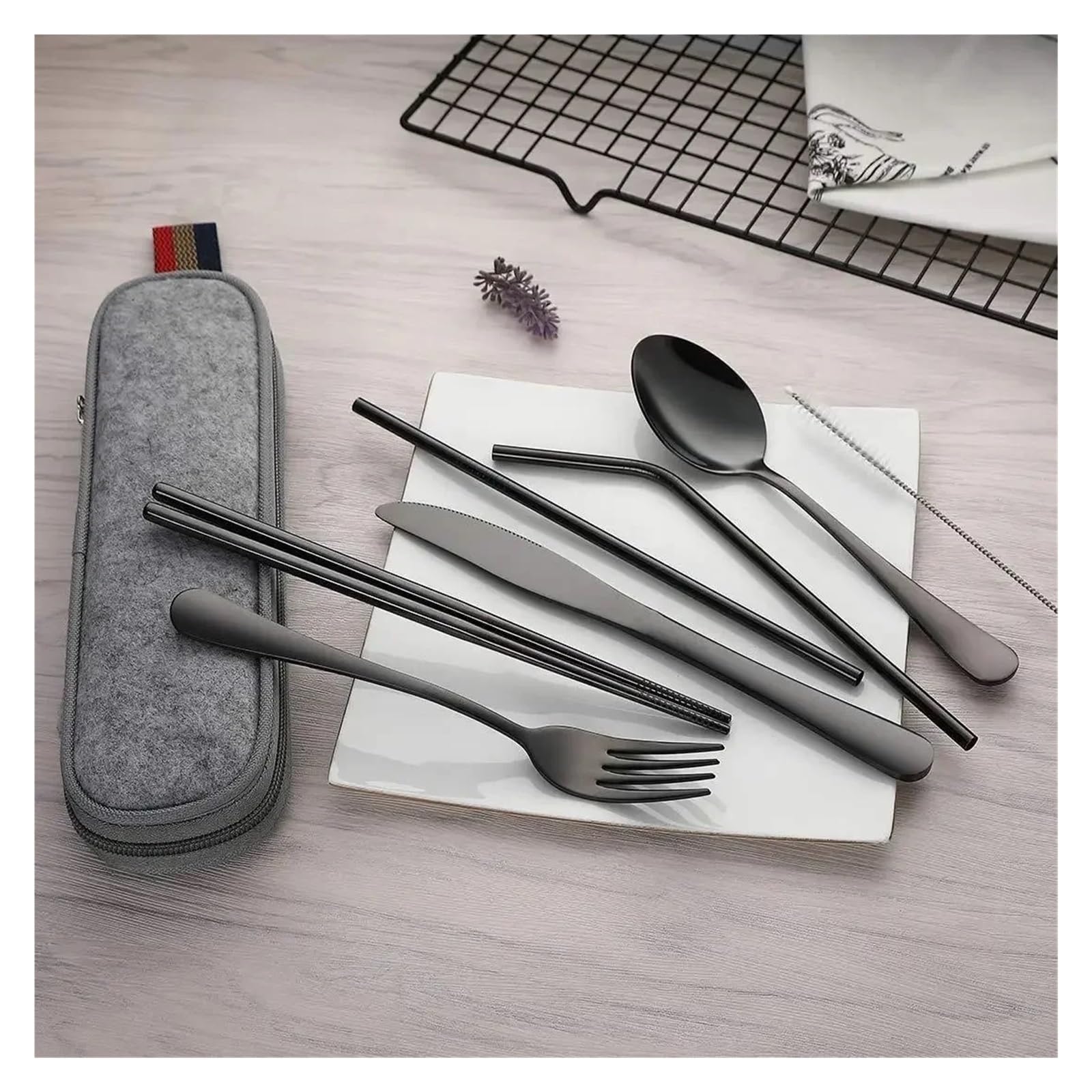 8 unids/set vajilla reutilizable juego de cubiertos viaje utensilios campamento con cuchara acero inoxidable tenedor palillos paja Estuche portátil(Purple)