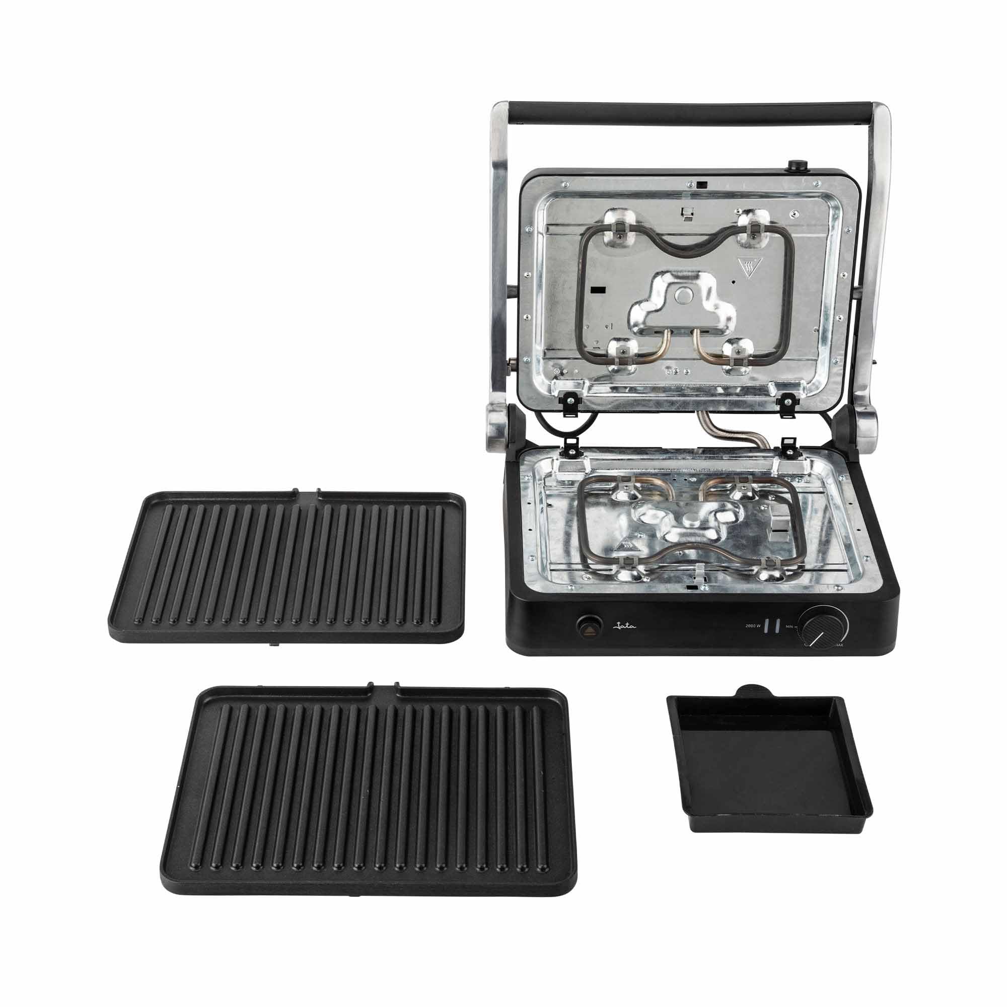 JATA JEGR1450 Elektryczna parka, grill, opiekacz do kanapek, Panini, 2000 W, otwór 180°, wyjmowane płyty nieprzywierające: 29,6 x 21,8 cm, pojemnik na śmieci.