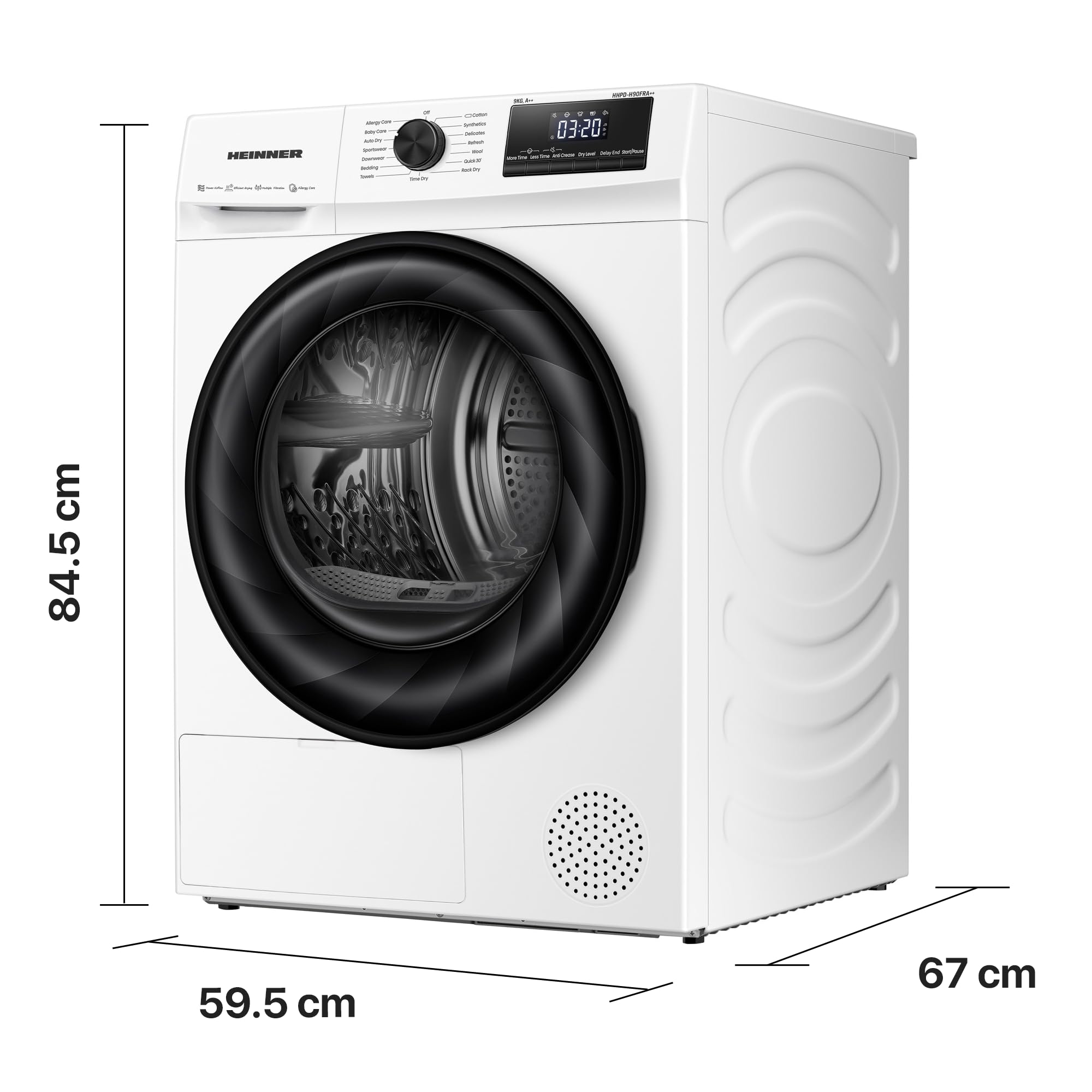 HHPD-H90FRA++ Wärmepumpentrockner - 9 kg Kapazität, 15 Programme, LED-Display, Anti-Falten-Funktion, Energieklasse D, Weiß, 160 Zeichen, 5 Jahre Garantie