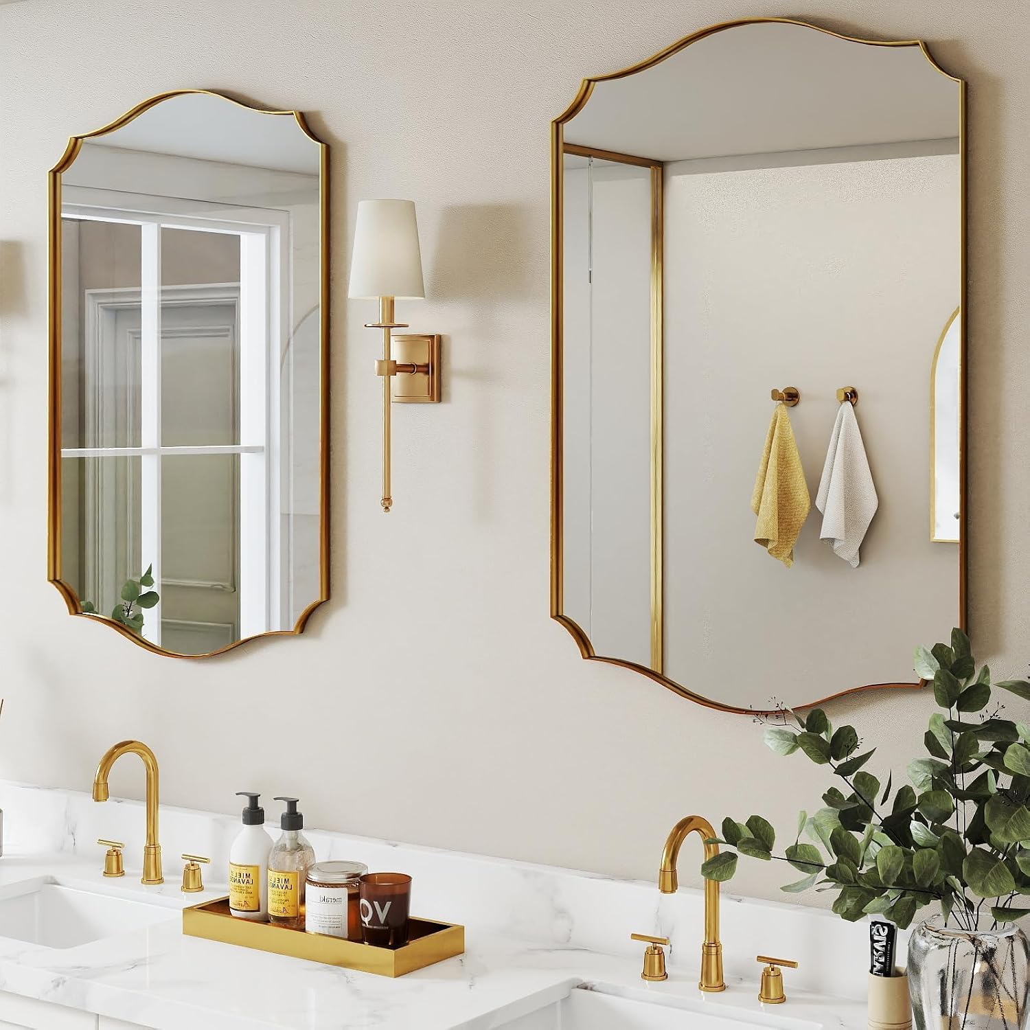 Gold Wall Mirror 30"x22", Scalloped Vanity Mirror Rust-Proof Metal Frame - Hangs Vertically/Horizontally Decorative Bathroom Mirror for Vanity, Bedroom & Entryway