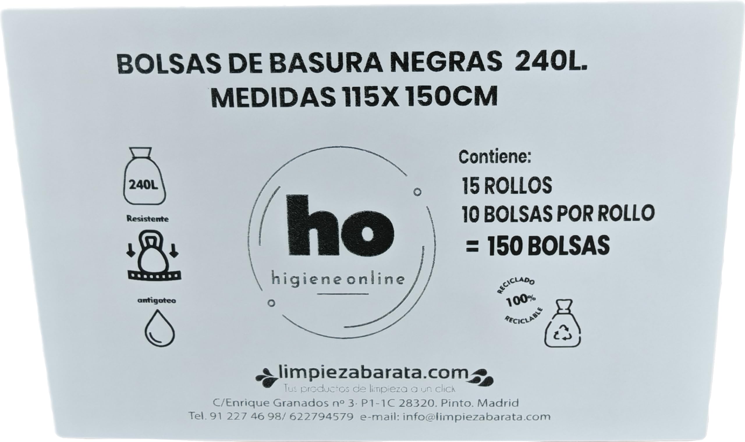 Bolsas de Basura Negras XXL Capacidad 240L – Pack de 15 Rollos (150 Unidades) – Resistentes, Antigoteo y Ecológicas – 115 x 150 cm