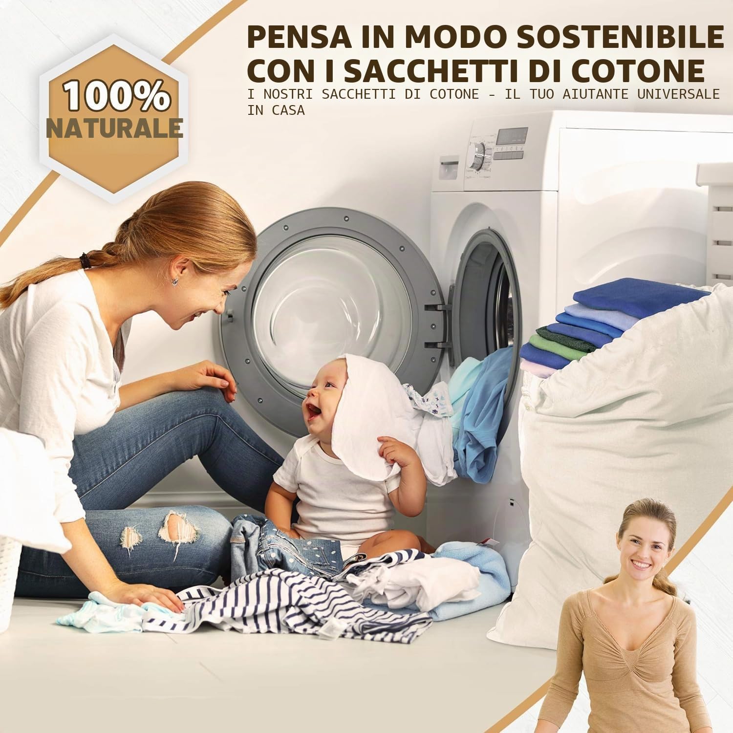 ELES VIDA® - XXL Sacchetto per il bucato 2 Set 70 x 90 cm in 100% cotone - XL - extra large per uso intensivo - durevole, con coulisse, sacchetto per il Colore Naturale