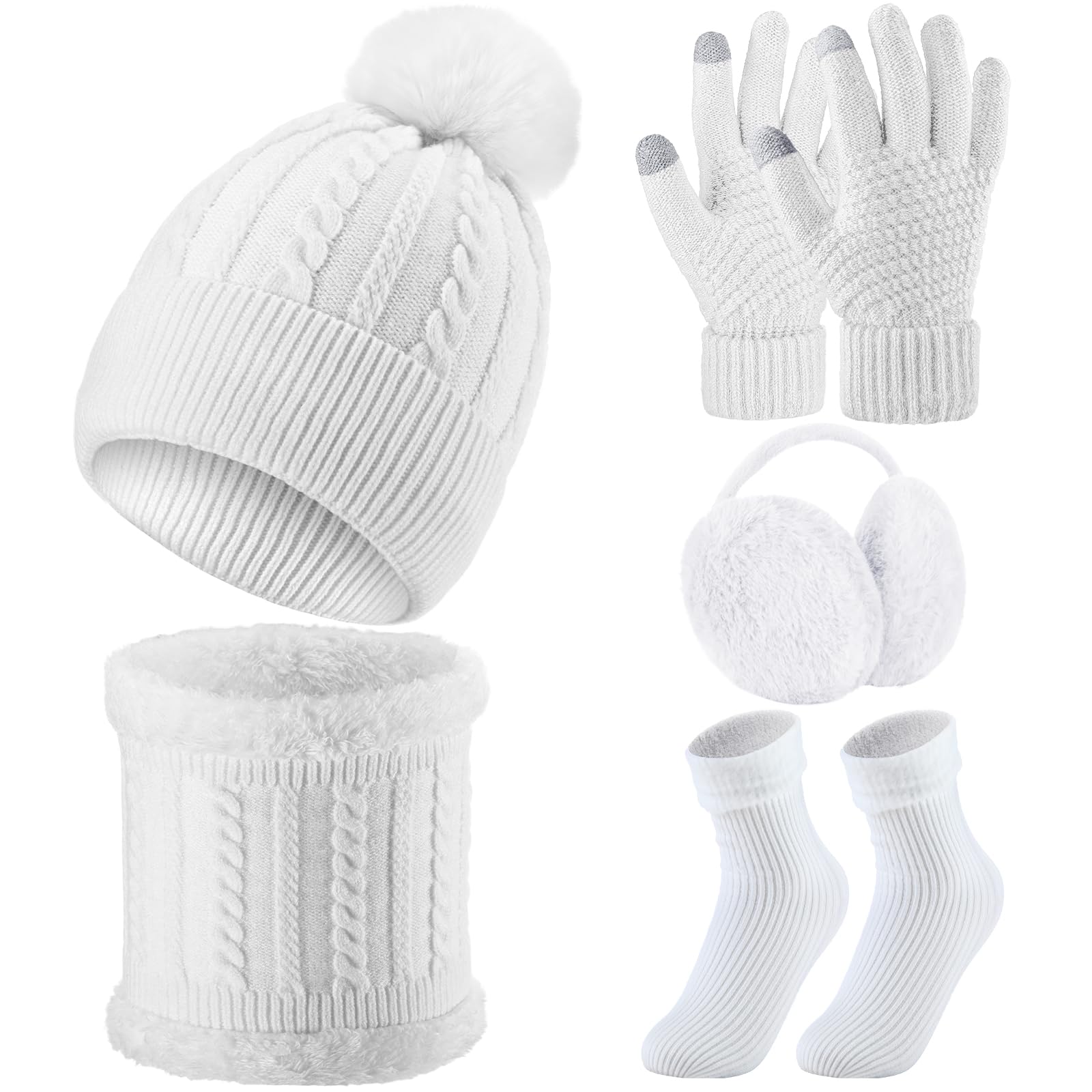 5 Pcs Winter Hat Scarf Gloves Set Fleece Warm Lined Knit Beanie Hat Touch Screen Earmuff Gloves Warmer for Women-image-40
