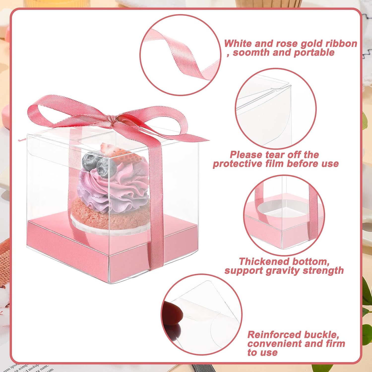 100 Pcs 3.5 Inch Clear Cupcake Boxes, Individual Clear Cupcake Containers with Ribbon and Inserts, Single Plastic Cupcakes Holders for Cake Bakery, Party Present (Rose Gold and White)
