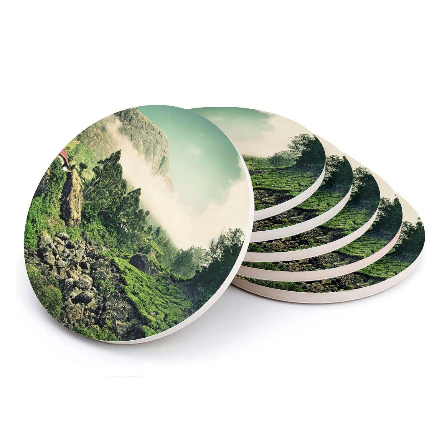 Sous-verre ronds en céramique pour table basse - Évadez-vous avec les paysages de Munnar