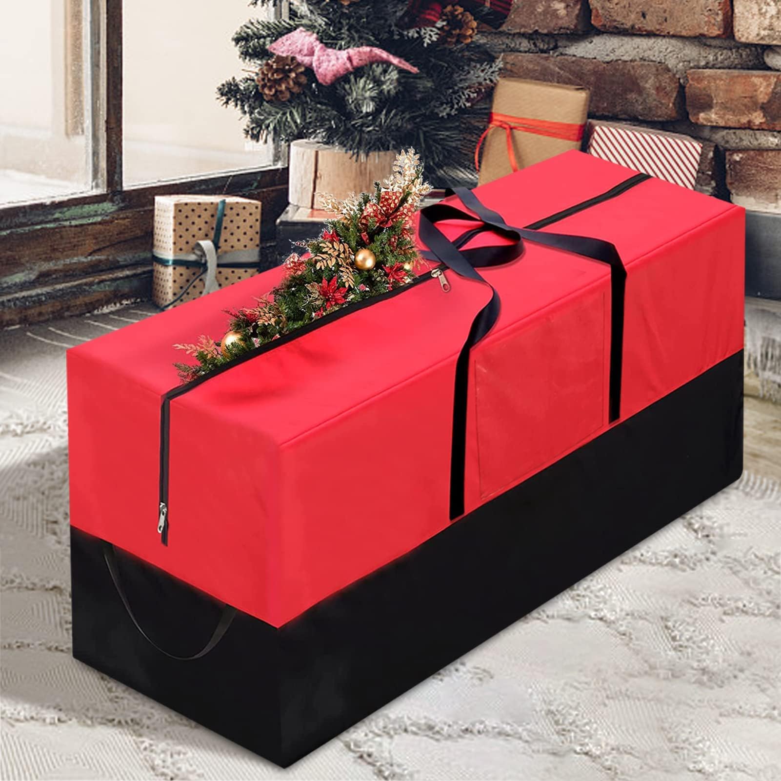 Weihnachtsbaum-Aufbewahrungstasche, passend für bis zu 3 m hohe künstliche Bäume, robuste Aufbewahrungsbox mit robusten, verstärkten Griffen, Reißverschluss und transparenter Tasche, 600D