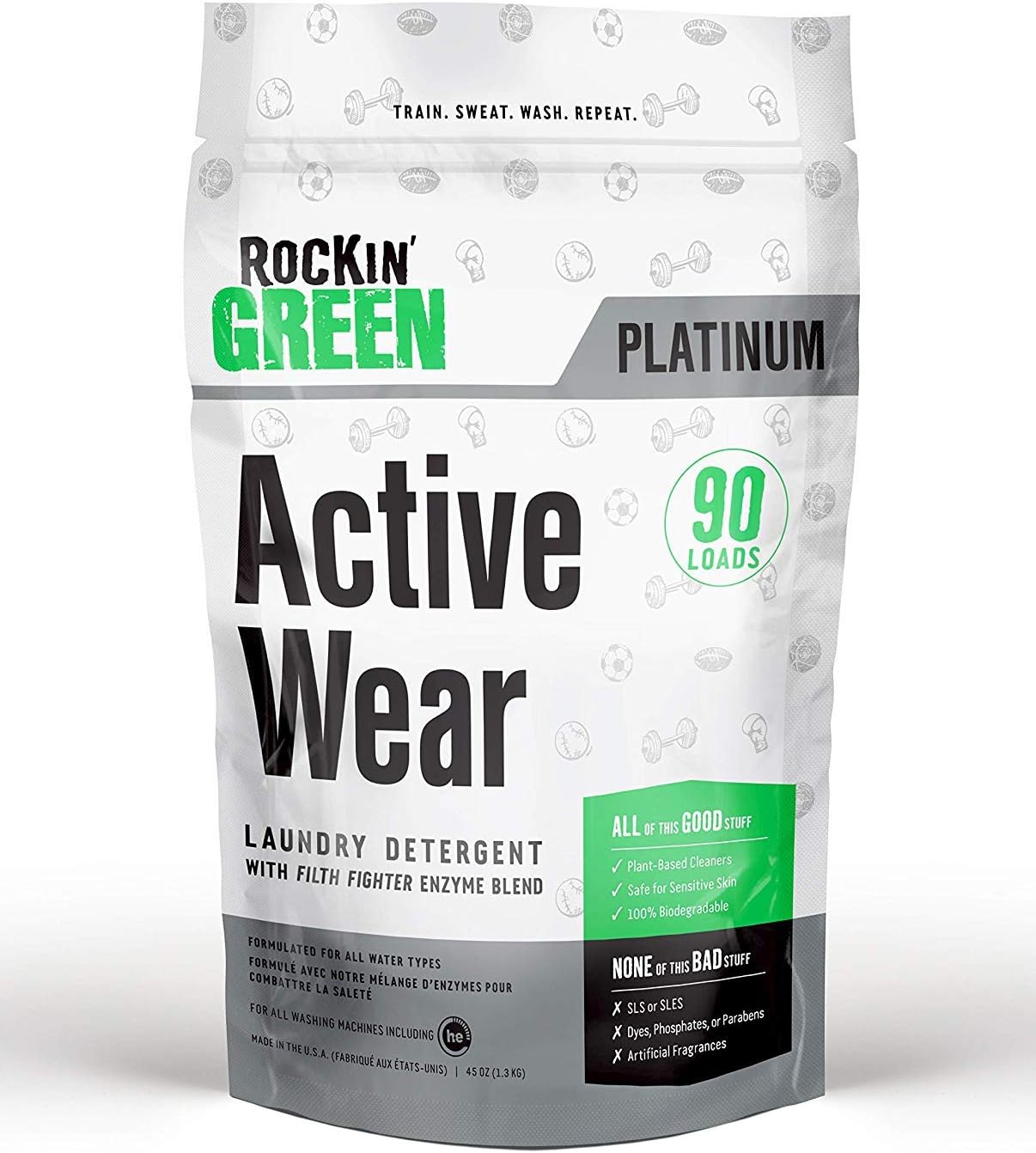 Rockin’ Green Active Wear Laundry Detergent - Unscented Laundry Detergent Powder & Odor Eliminator - Workout Clothes & Sportswear - Safe for Sensitive Skin - 90 Loads