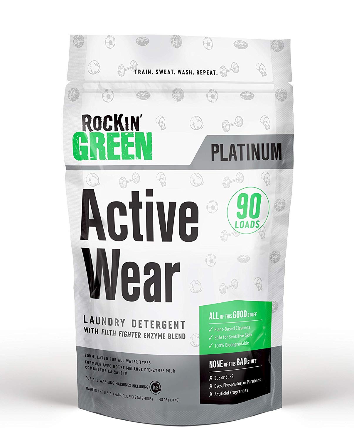 - Rockin’ Green Active Wear Laundry Detergent - Unscented Laundry Detergent Powder & Odor Eliminator - Workout Clothes & Sportswear - Safe for Sensitive Skin - 90 Loads