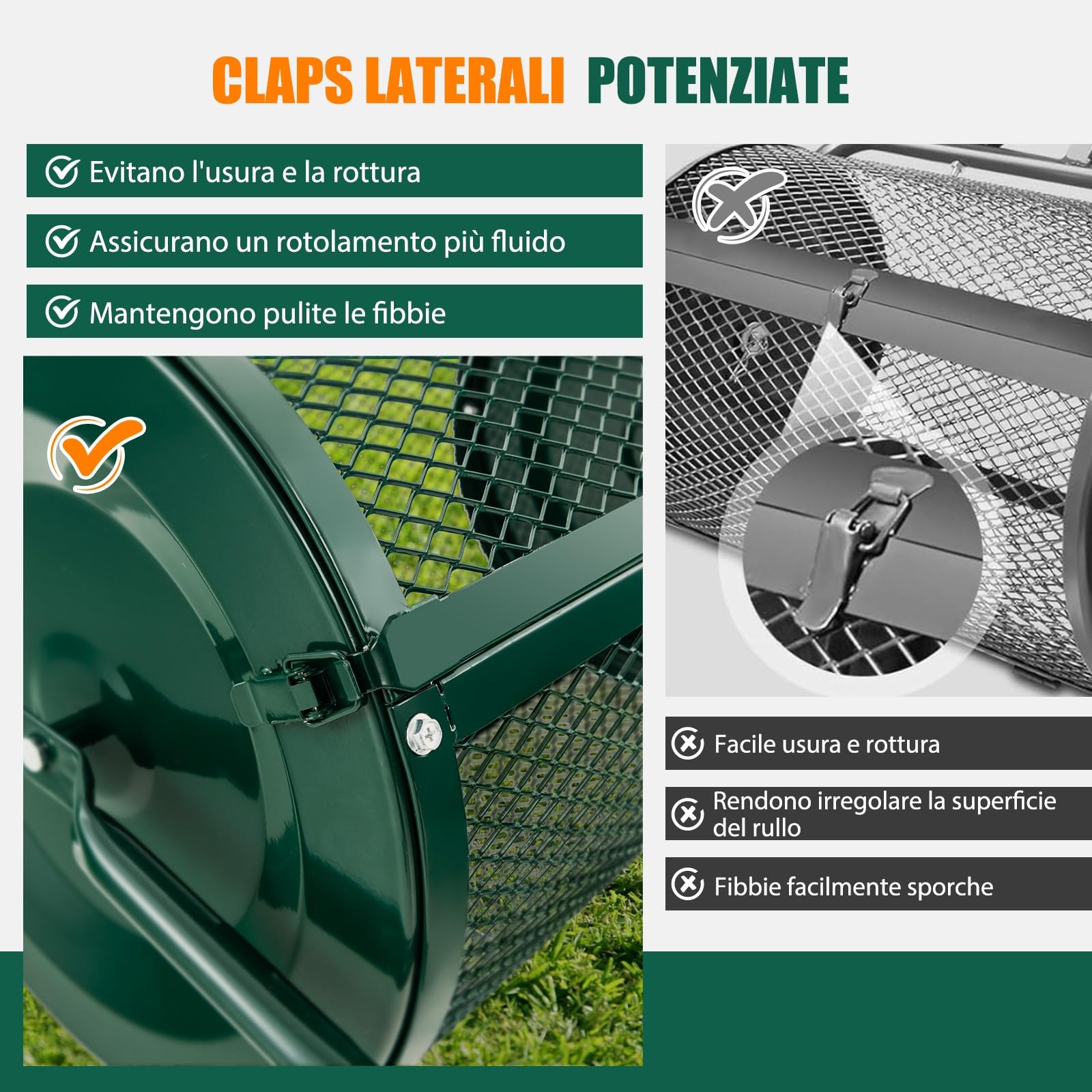 GYMAX Spandiconcime da 68 cm per la Cura del Giardino, Robusto e Leggero, in Metallo, con Doppie Serrature Laterali, Rullo Spargitore Fertilizzanti, Concime, Torba, Terreno, Muschio (Verde)