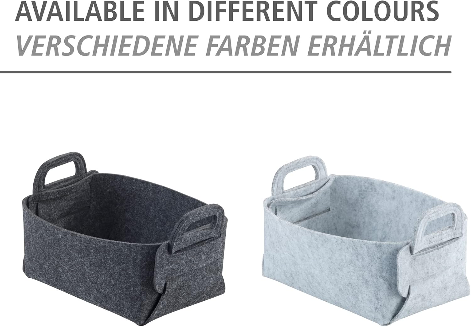 WENKO Felt basket Nina S, set of 2 storage baskets made of recycled polyester felt, space-saving foldable felt baskets with practical carrying handles & 2.4 L capacity each, 19 x 14 x 9 cm, light grey