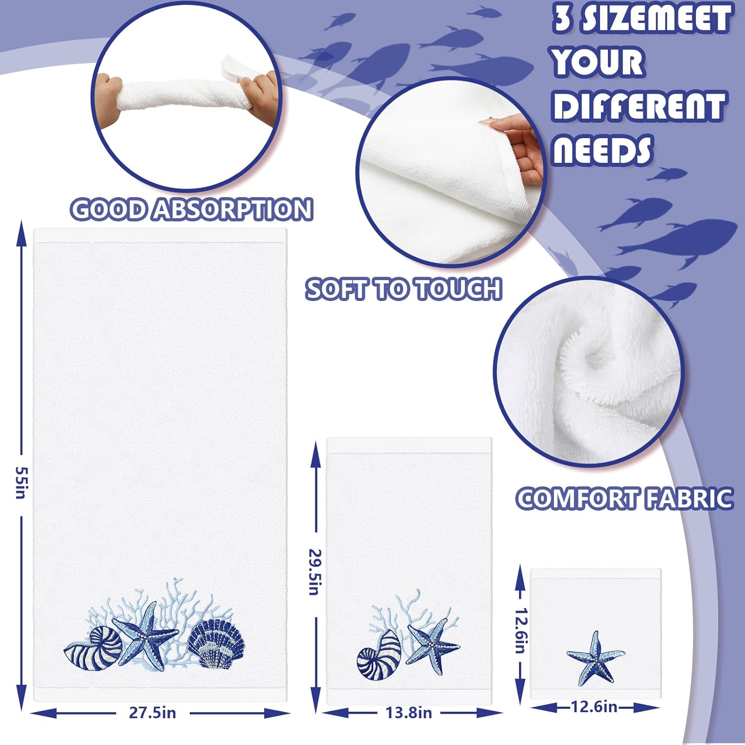 JarThenaAMCS Ocean Bathroom Towels Set of 3 Embroidered Cotton Bath Towel Seashell Starfish Coral Summer Hand Towel Wash Cloth for Hand Drying Shower Supplies - Image 2