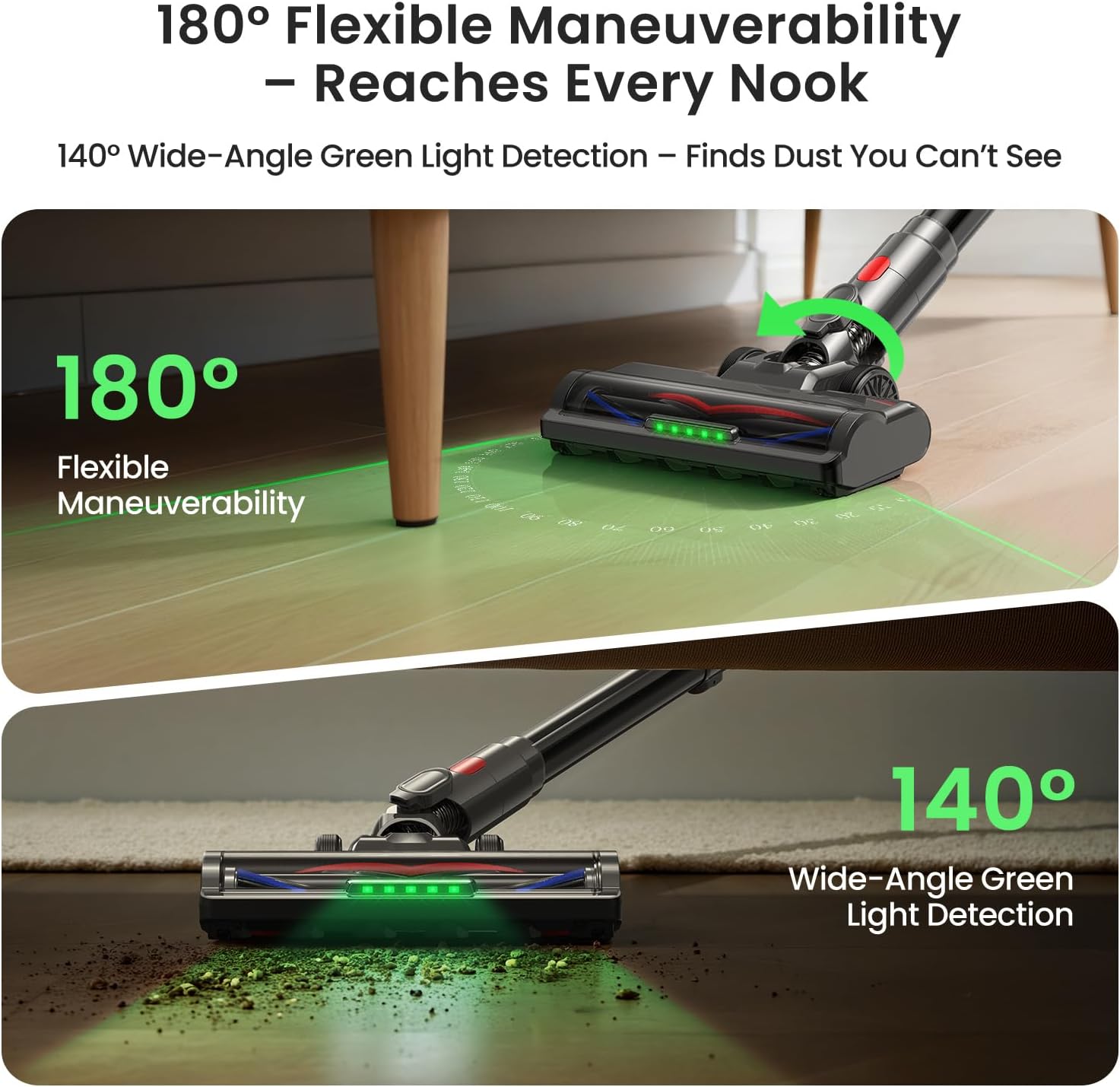 Xlife P2 vacuum demonstrating 180 degree maneuverability and green light dust detection