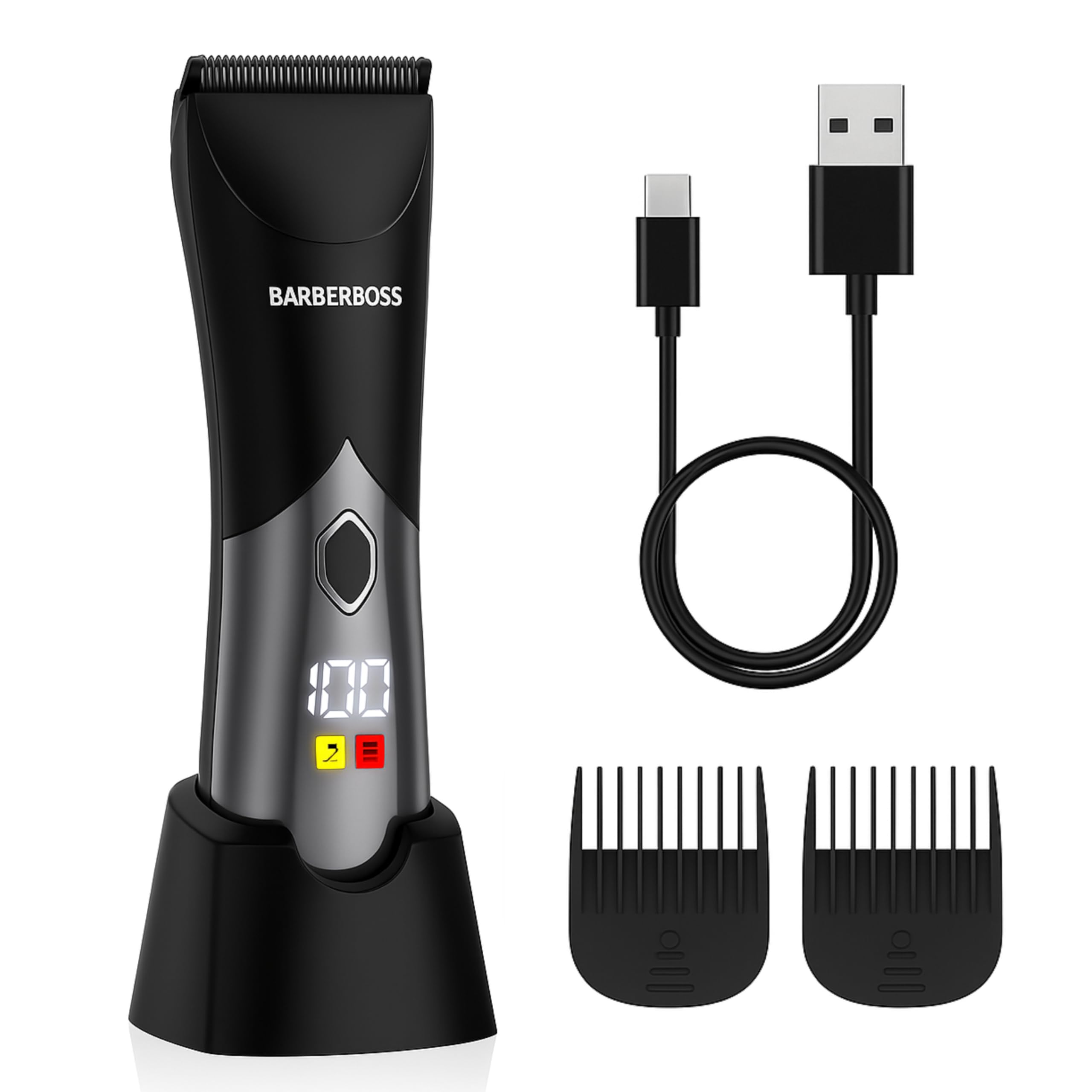 BarberBoss Body Clipper per uomo, Body Groomer, Rifinitore impermeabile per uomo: Rasoio per viso, corpo e inguine con lame in ceramica, Kit per la cura delle parti intime senza fili