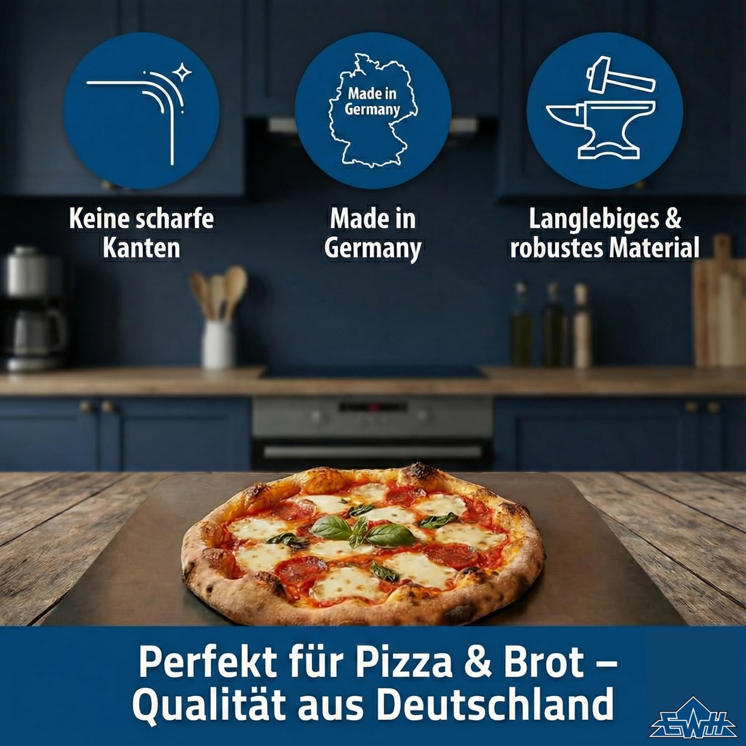EWH Acier à pizza 40 x 30 cm - Épaisseur 8 mm - Pas de bords tranchants - Acier de cuisson à pizza pour four et barbecue - Fabriqué en Allemagne (40 x 30 cm en 8 mm)