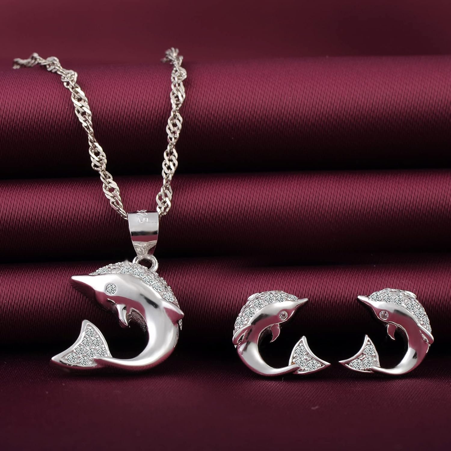 Yumilok Zircon Dolphin Necklace And Earring Sets for Women Jewelry Sets Sterling Silver Ocean Animal Stud Earrings Pendant Necklace Teen Friend Mom Wife Birthday Aniversario Gift Silver