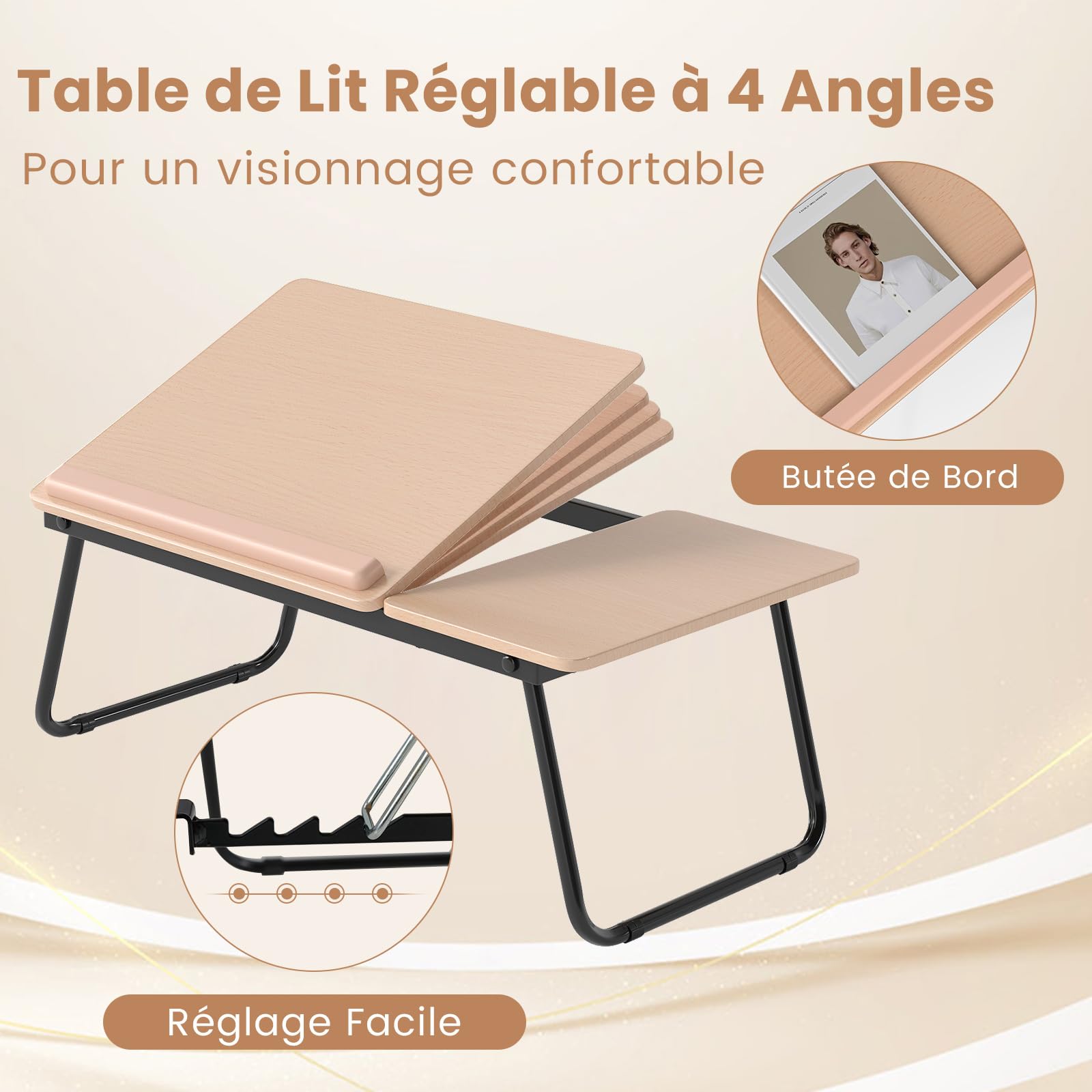 COSTWAY Table de Lit Pliable 55 x 32 cm, Plateau pour Ordinateur Portable avec 5 Angles d'Inclinaison Réglables, Cadre en Métal