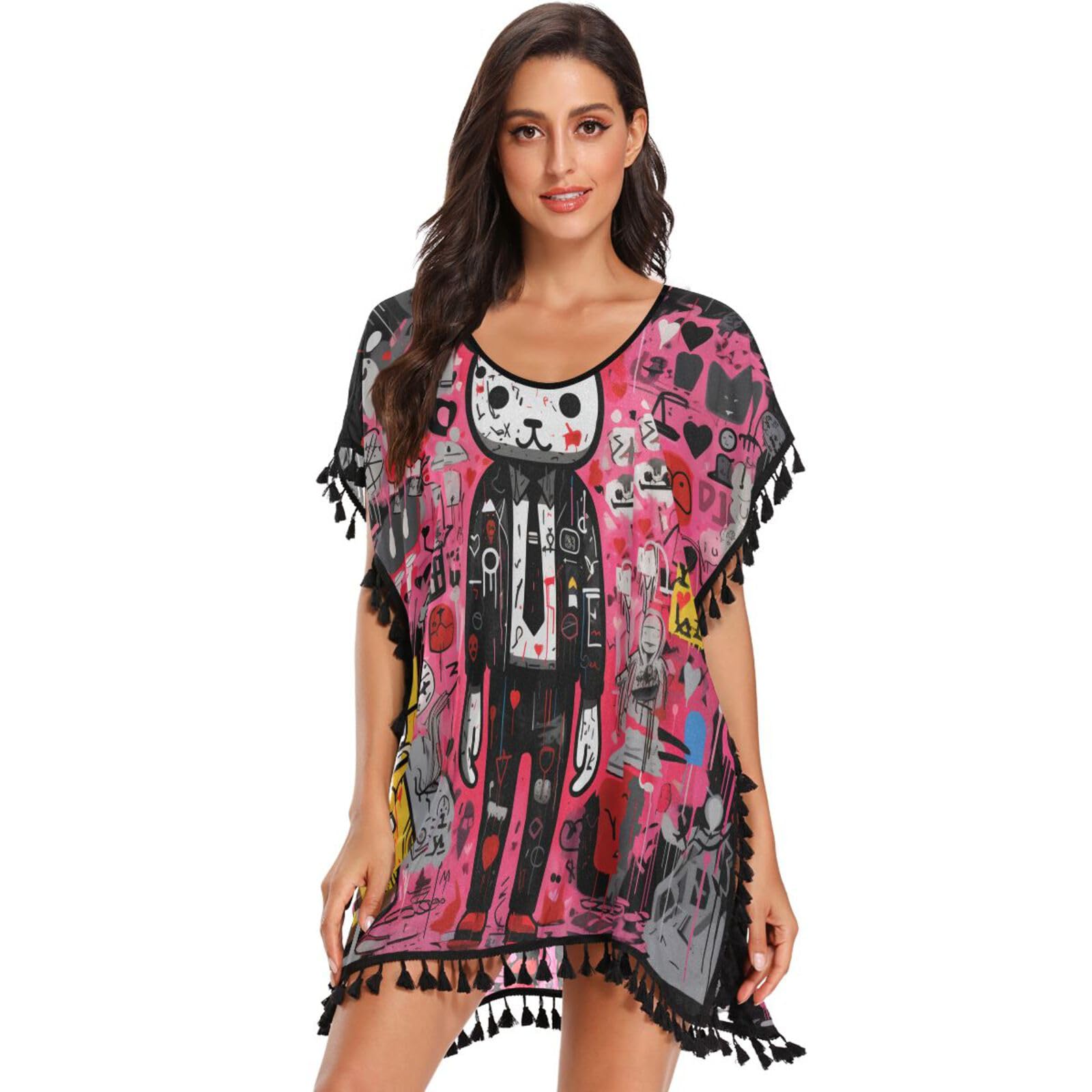 Majestic Bear Rabbits Art Women's Beach Cover Up Chiffon Tassel Swimwear Swimsuit Coverups for Girl