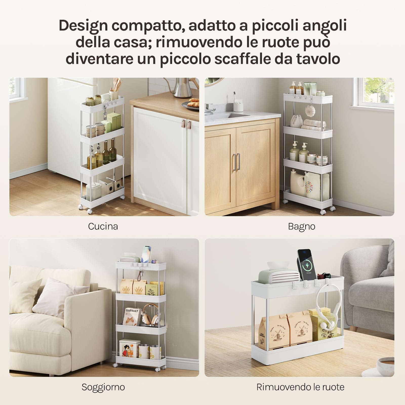 WOLTU Carrello da Cucina a 4 Ripiani, Carrello Portaoggetti con Ruote e 4 Ganci, Carrellino Salvaspazio per Cucina, Bagno e Lavanderia, in Plastica e Metallo, 41,5 x 86 x 13,5 cm, Bianco