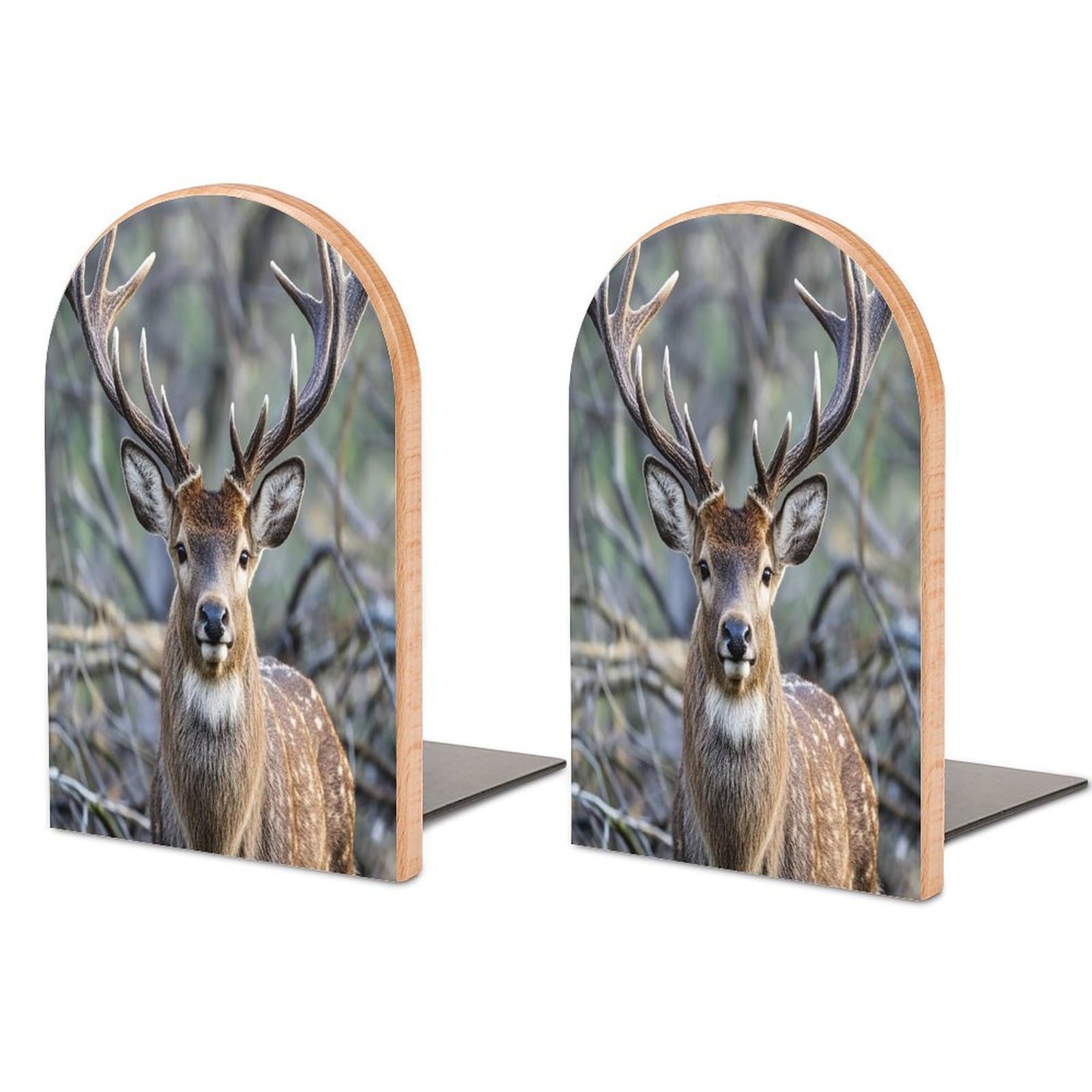 Antlers Bookend for Shelves Wooden Book End Sturdy Book Holders Stoppers with Metal Base for Bookshelves Slick Decorative Bookends Stands