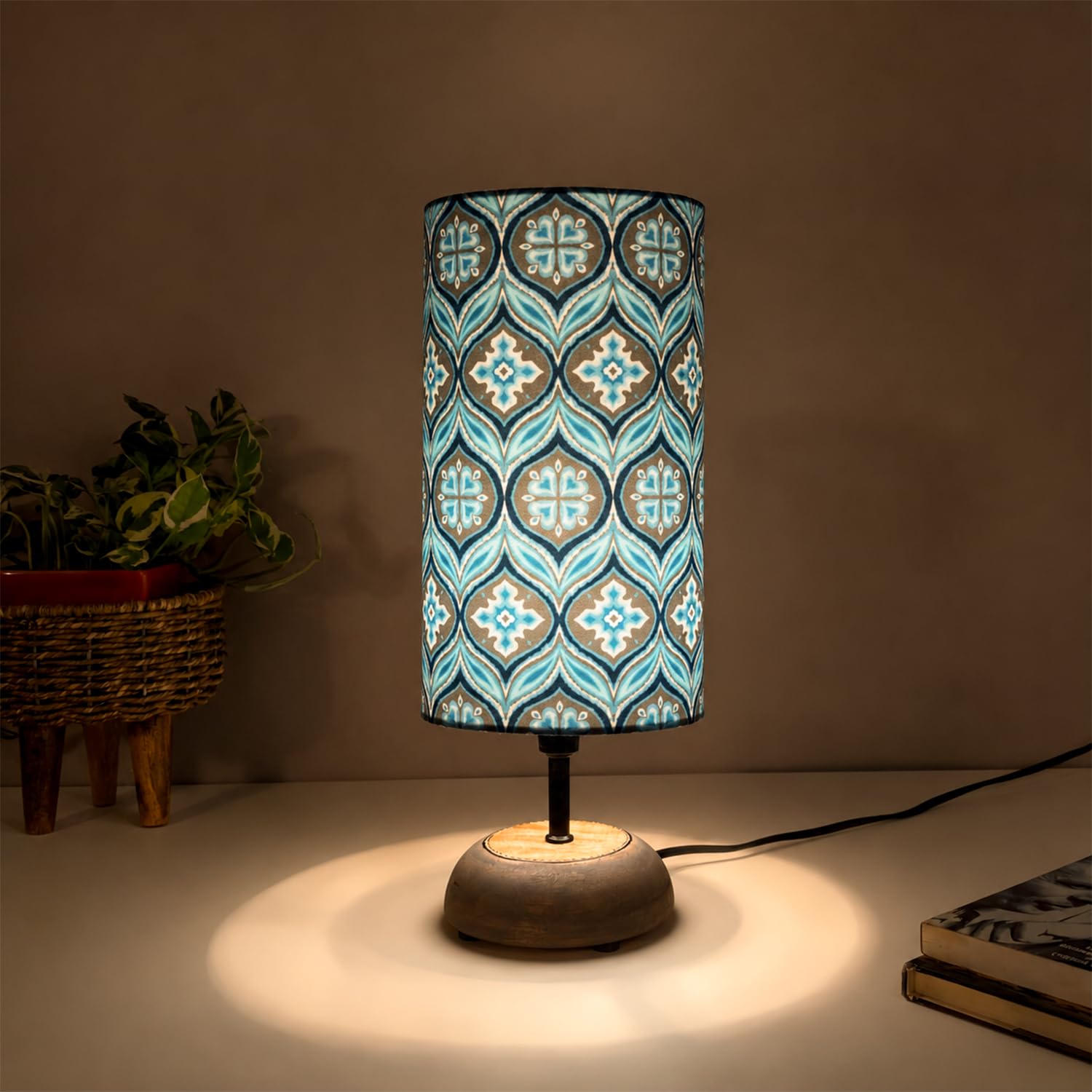 Amazon Basics Blue Lagoon Table Lamp | Hand-Painted Mango Wood Base with Printed Polyester Shade | E14 Holder | Decorative Night Lamp for Bedroom, Living Room & Study Room | Home Décor Gift-image-27